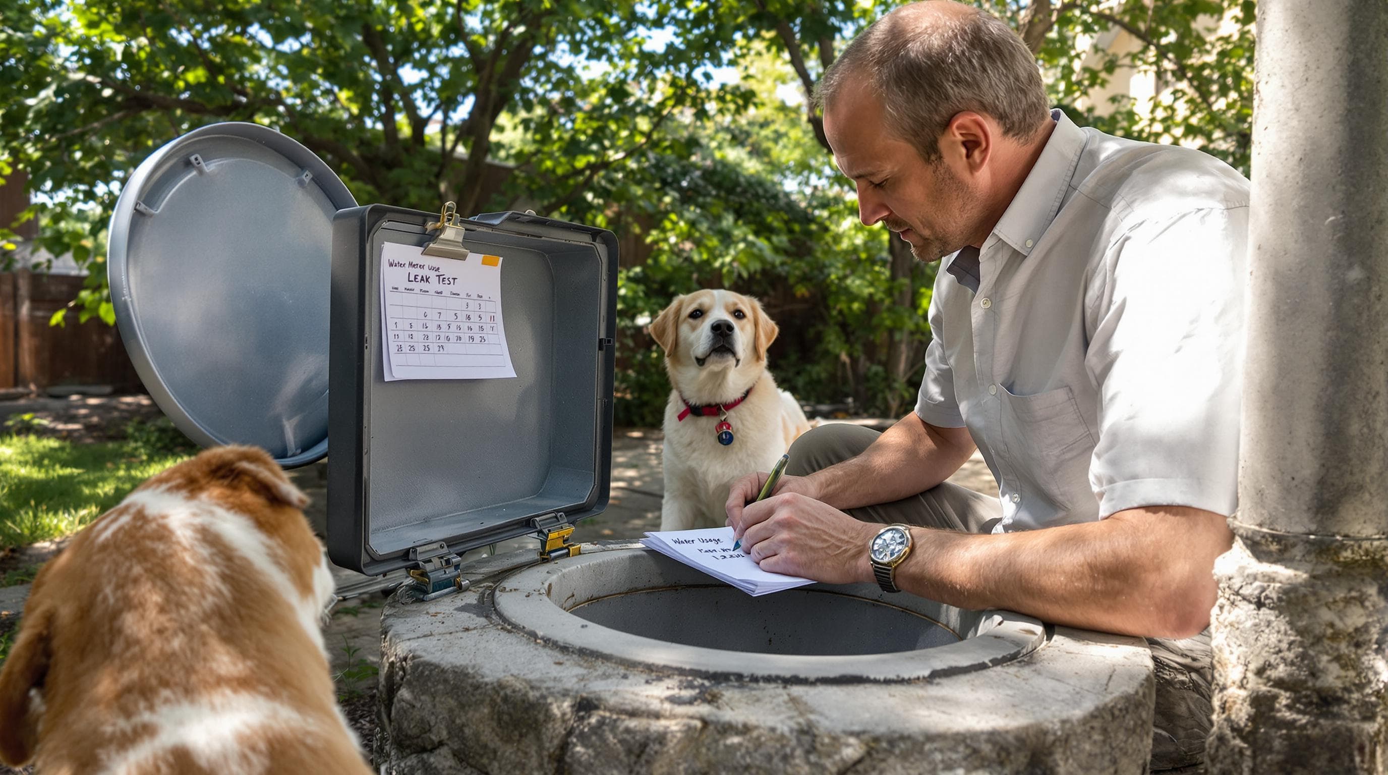 Homeowner records water meter readings in yard to check for slab leak