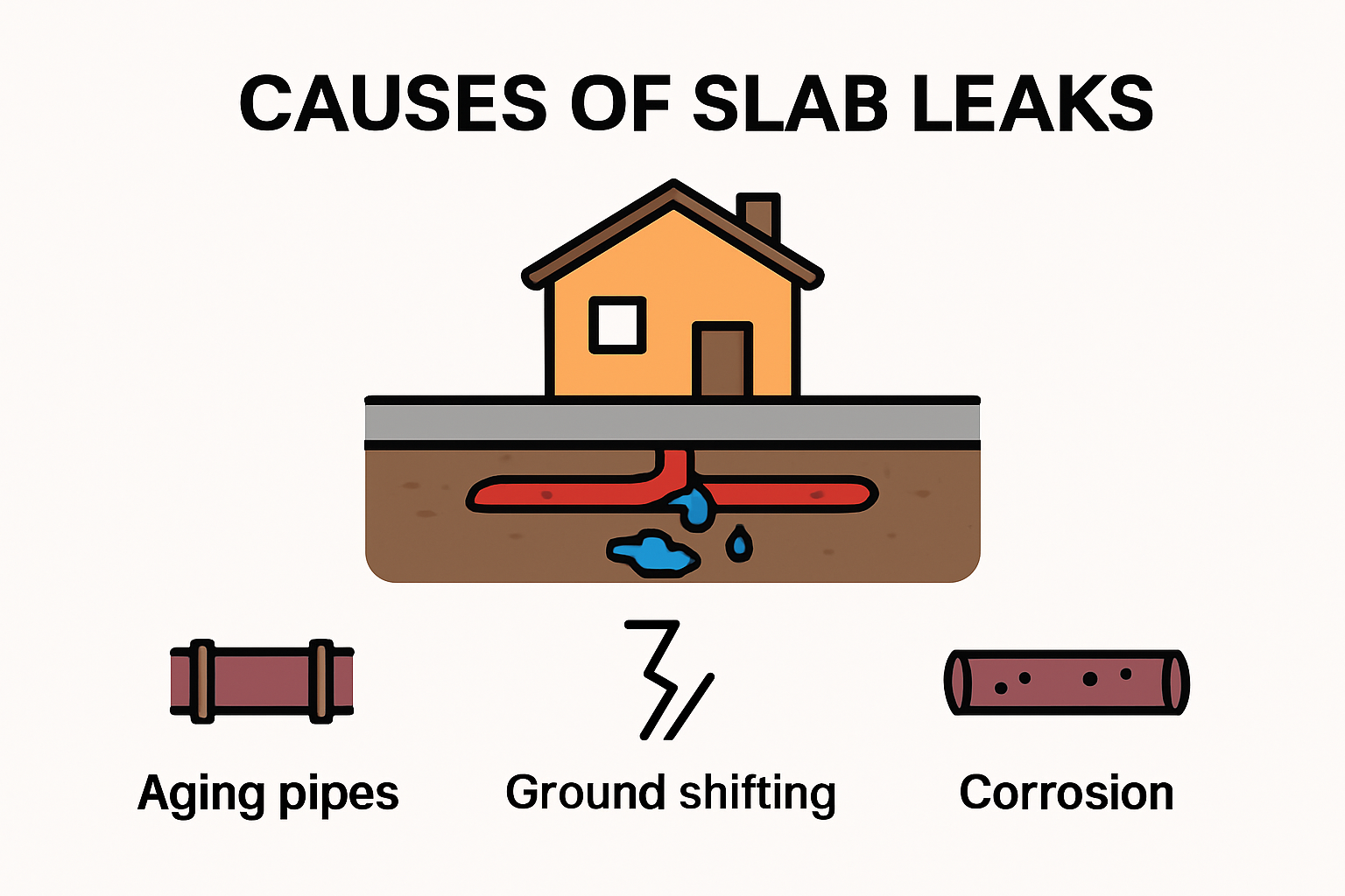 Infographic showing slab leak causes and pathways under homes
