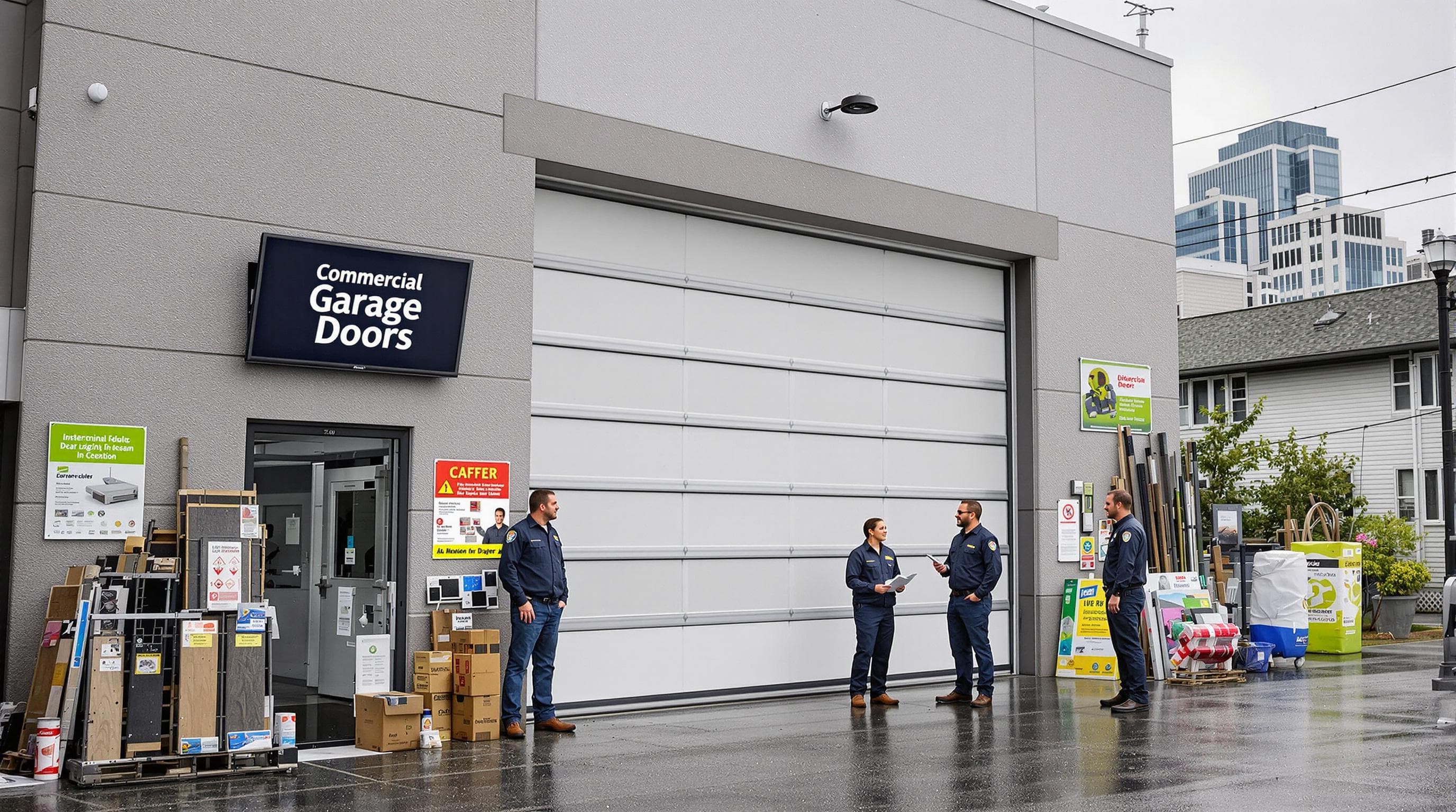 Seattle business owner choosing commercial garage doors in rainy weather