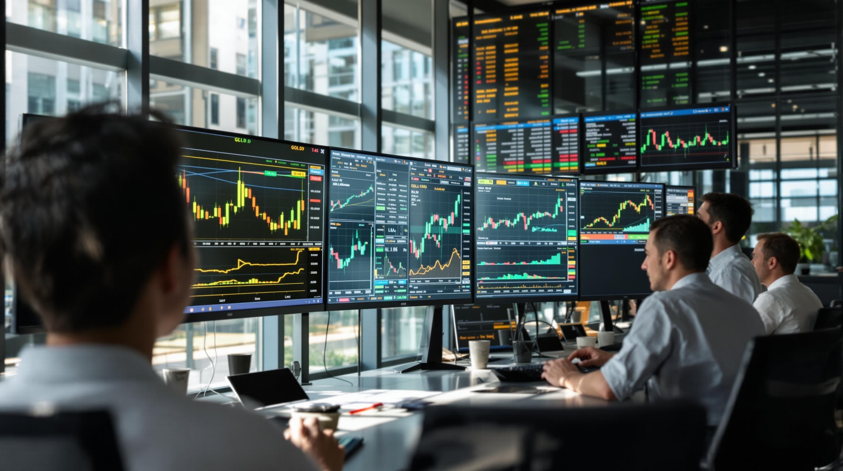 Traders examining gold market trend charts in a modern office analysis setting