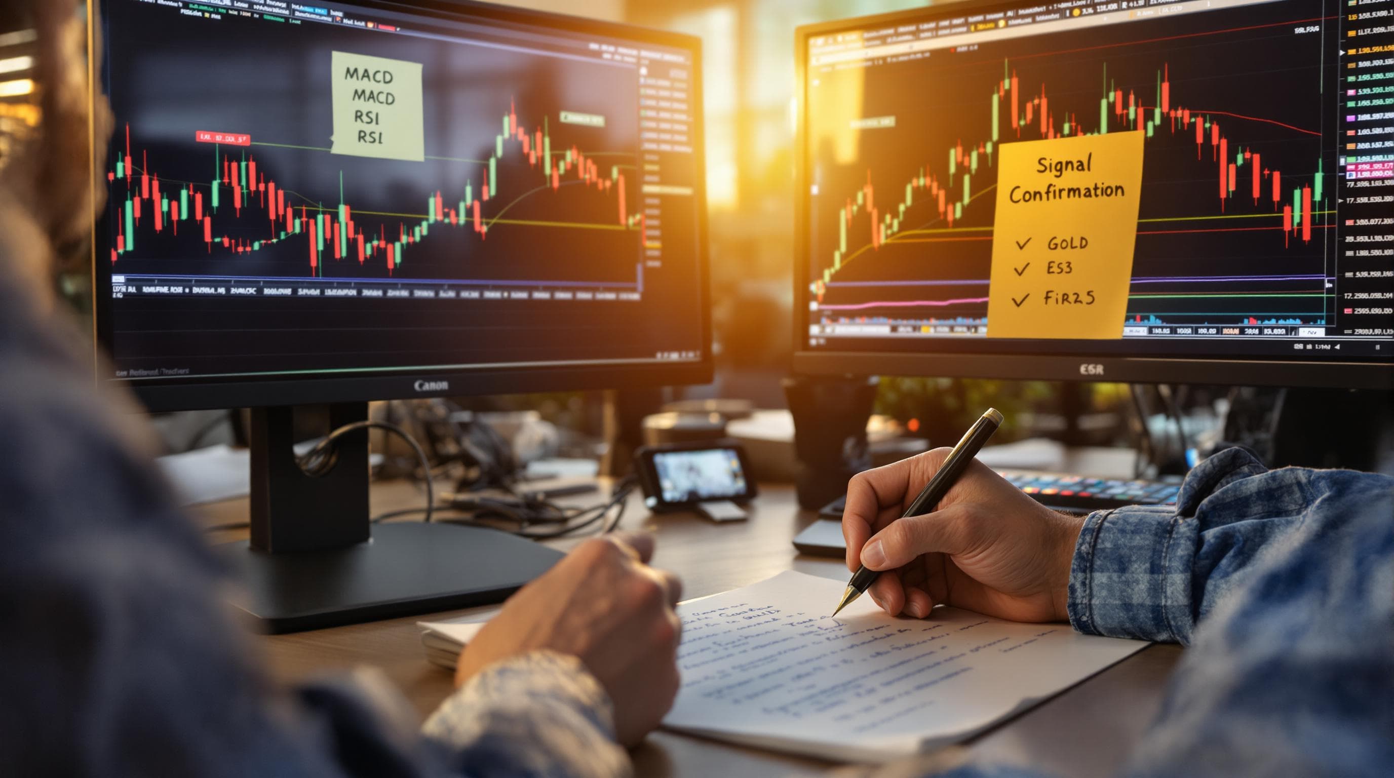 Multiple monitors displaying gold chart signals with trader analyzing data