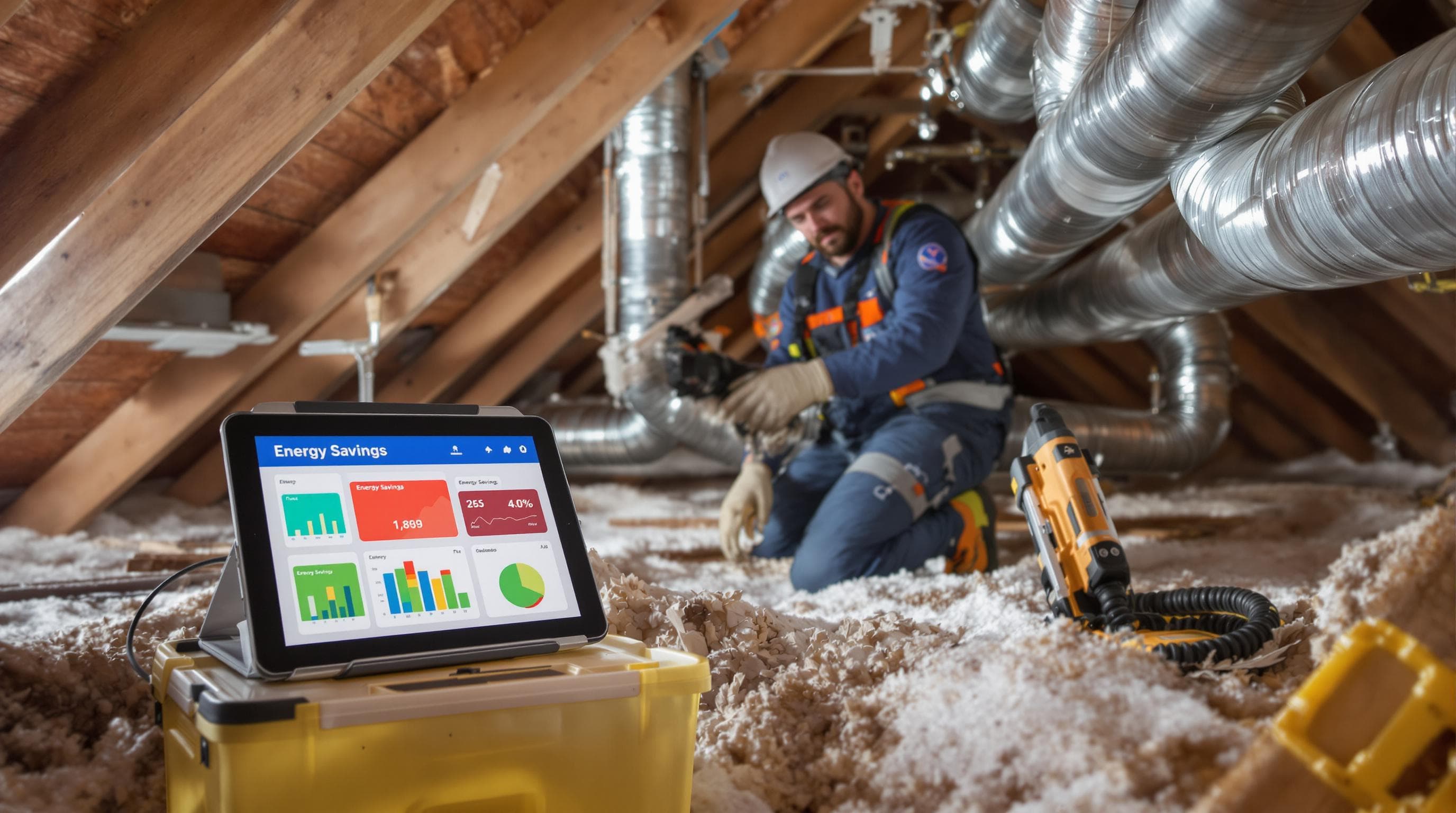 Technician cleaning air ducts in Texas attic with tablet showing energy savings