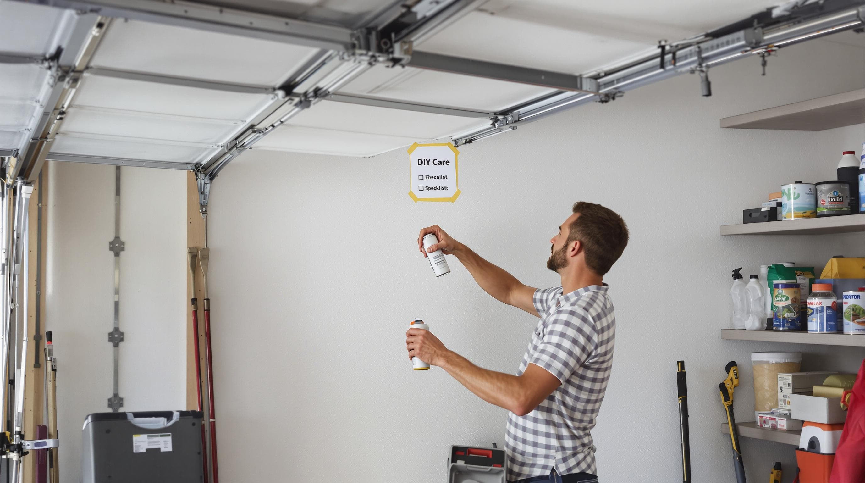 Seattle homeowner doing DIY garage door maintenance, checklist visible