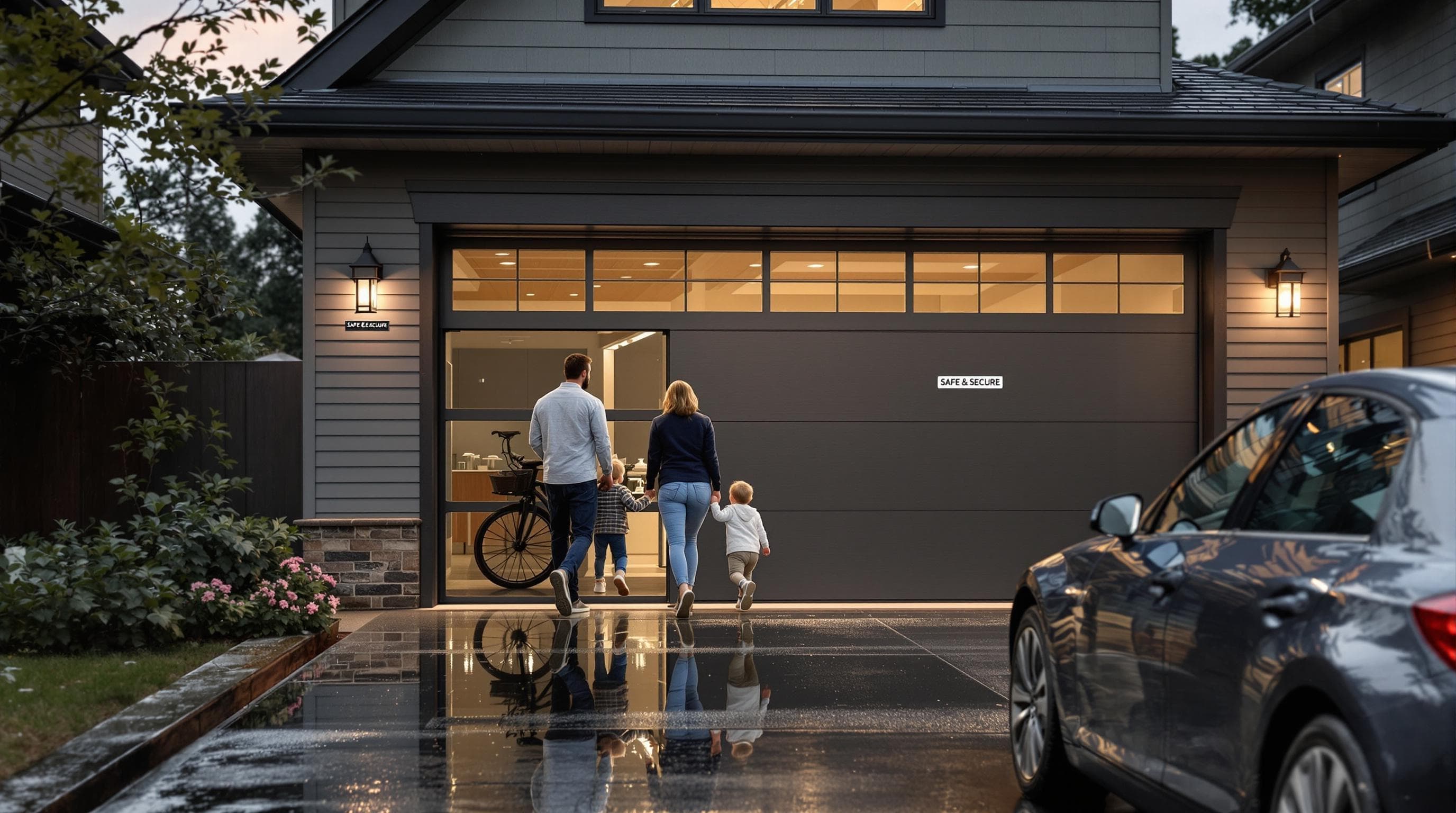 Seattle family by garage in morning, secure and ready for day