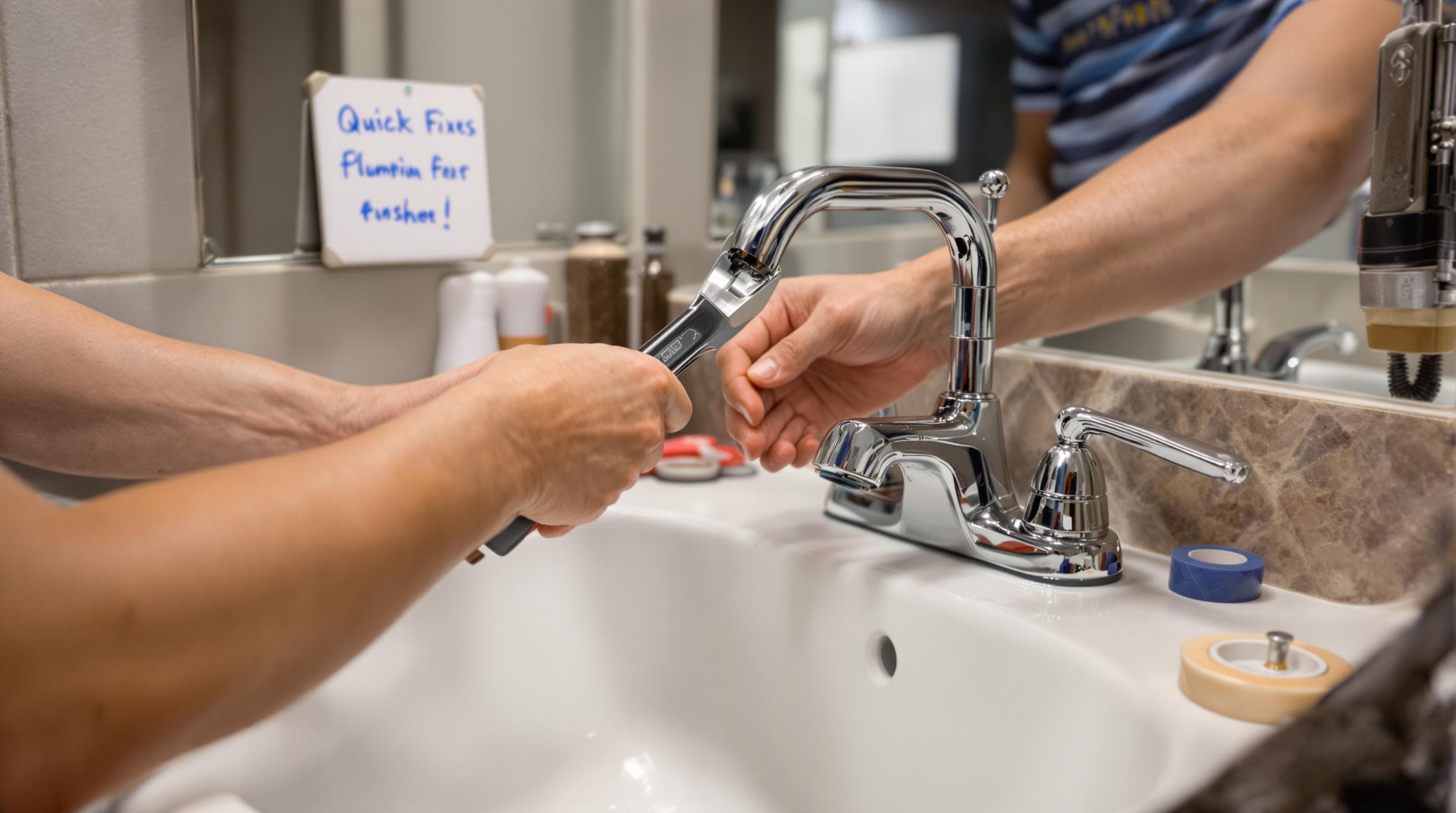 Person fixing bathroom faucet with 'Quick Fixes' note on mirror.