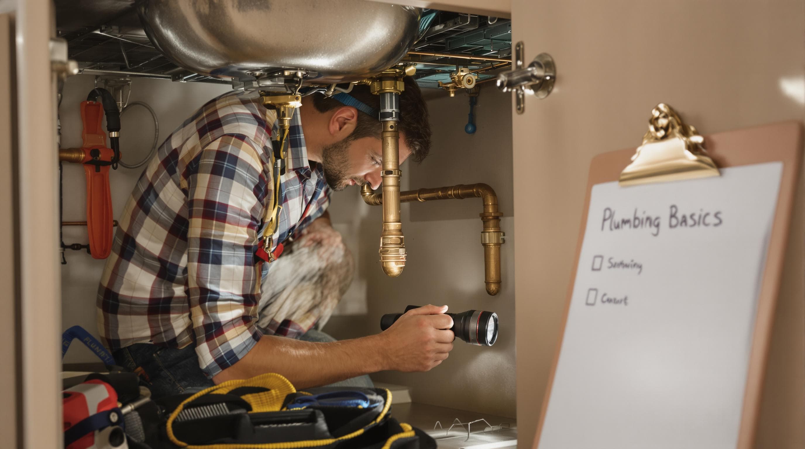 Homeowner inspecting kitchen pipes with 'Plumbing Basics' checklist.