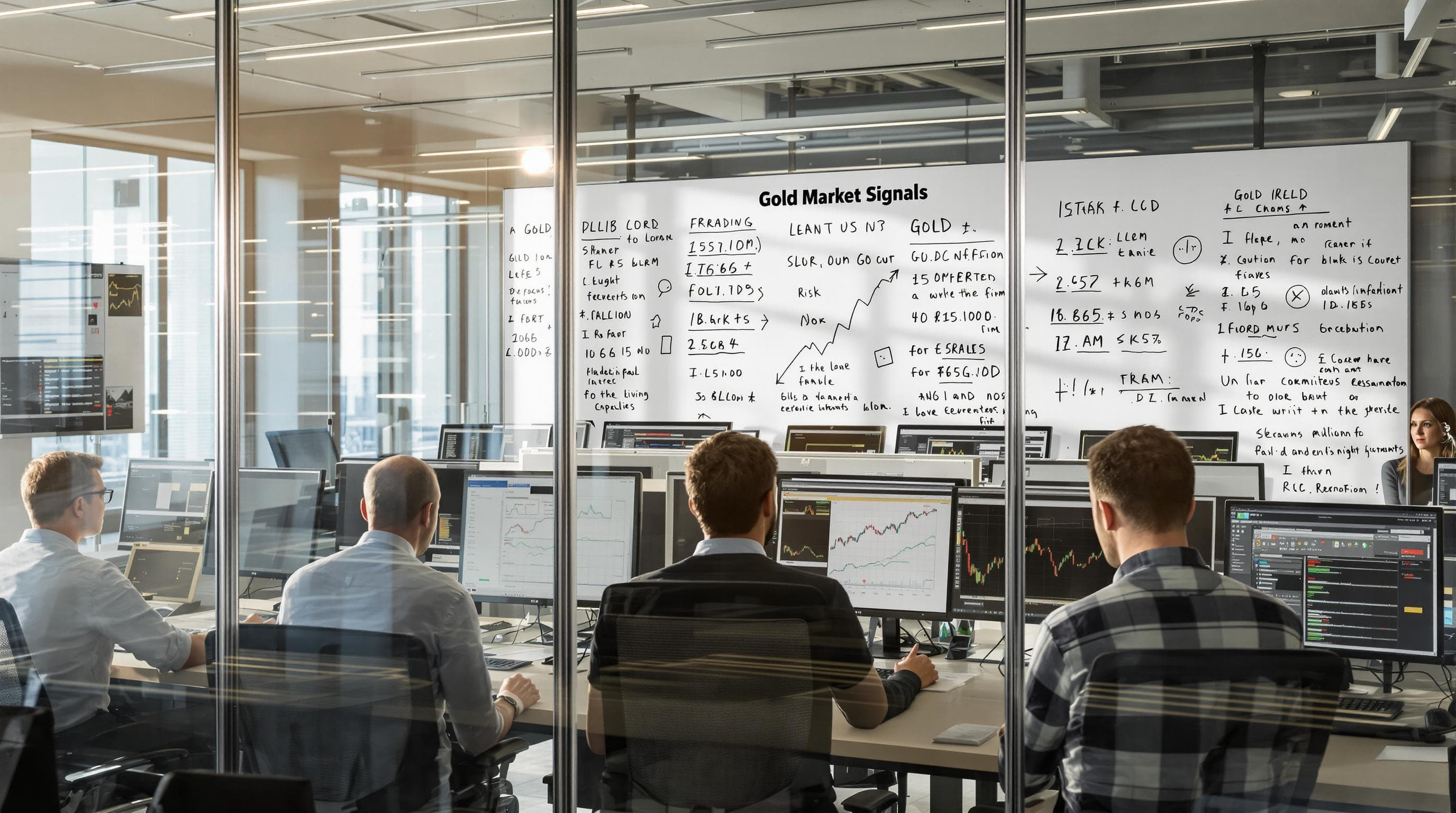Financial analysts reviewing gold price charts and market signals in a busy trading office