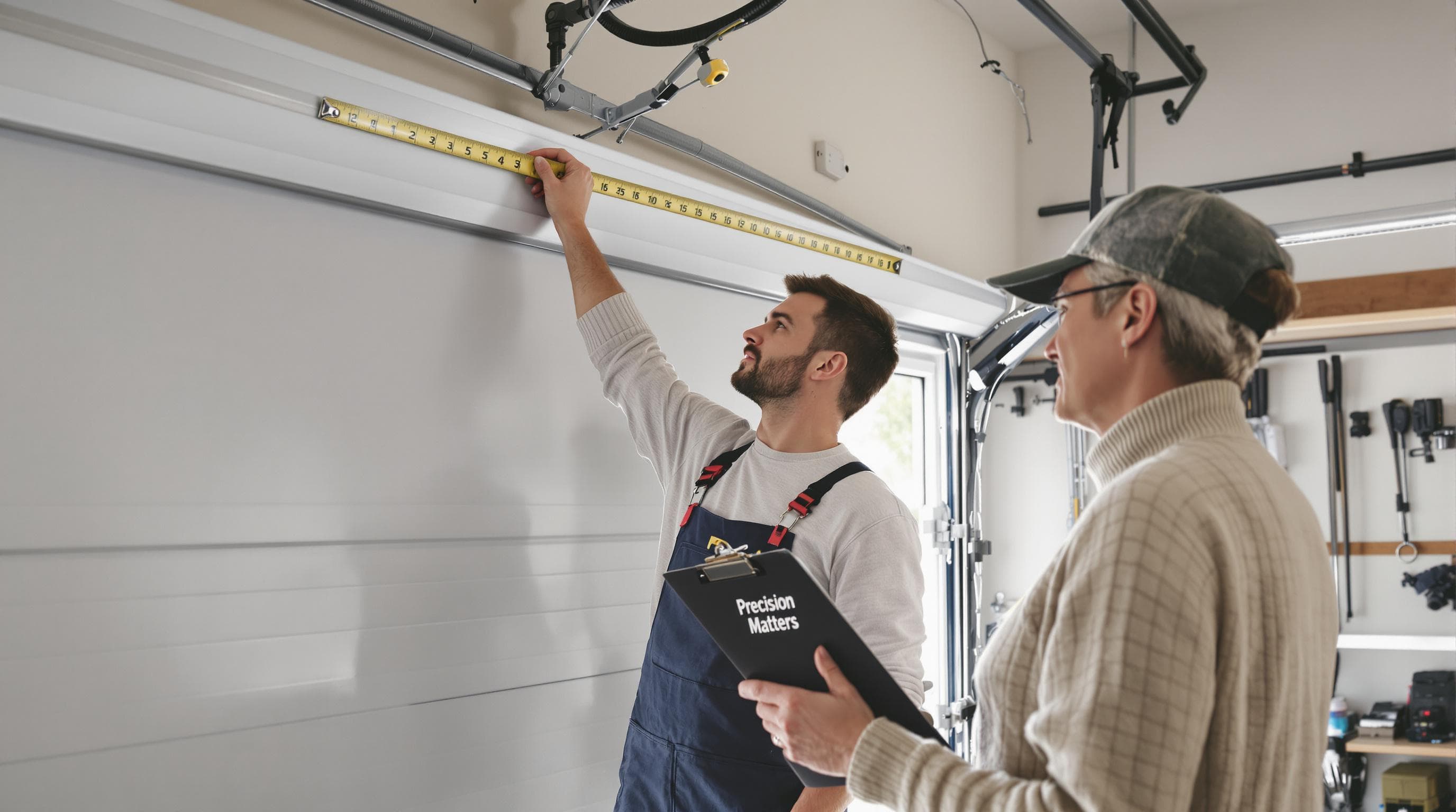 Technician measuring garage door opening with concerned homeowner nearby