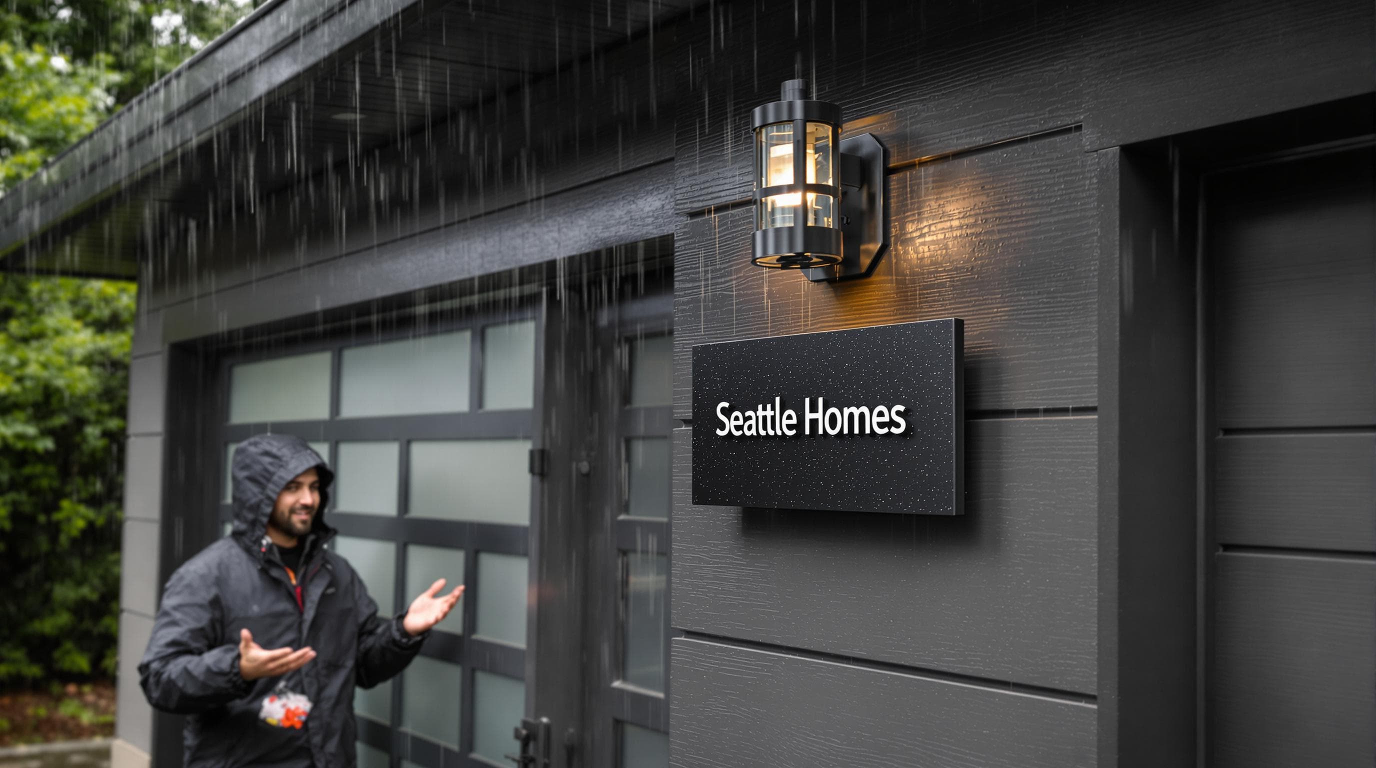 Seattle homeowner with insulated garage door in rainy weather