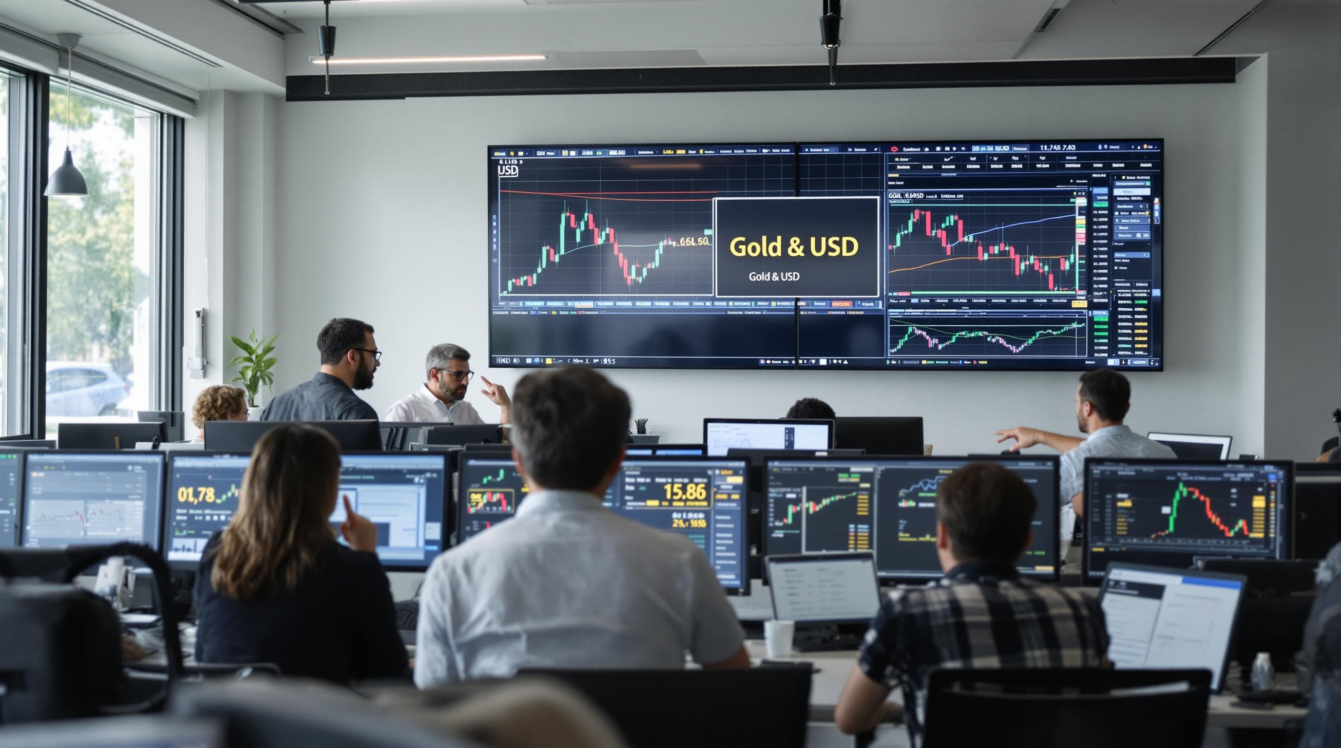 Traders analyze gold and USD data in a bright office