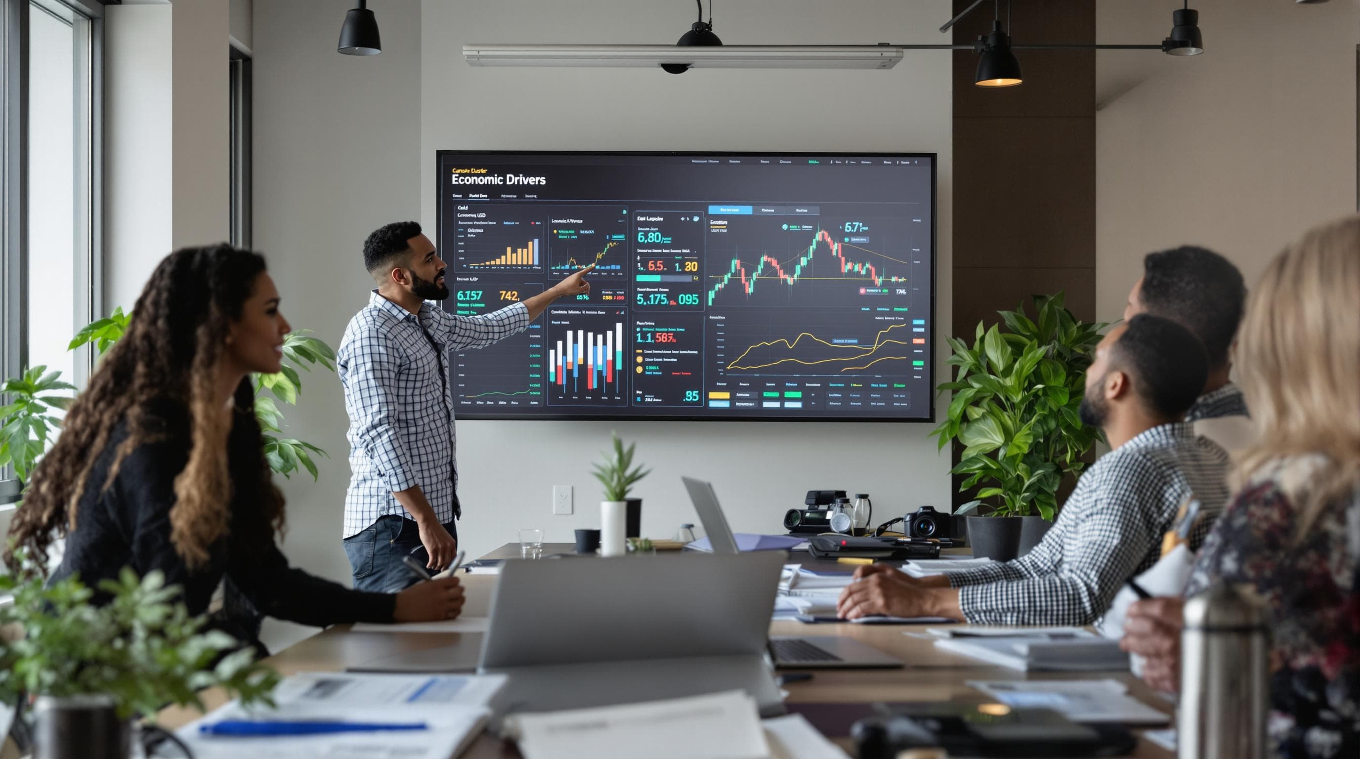 Analysts discuss economic indicators and gold trading in office