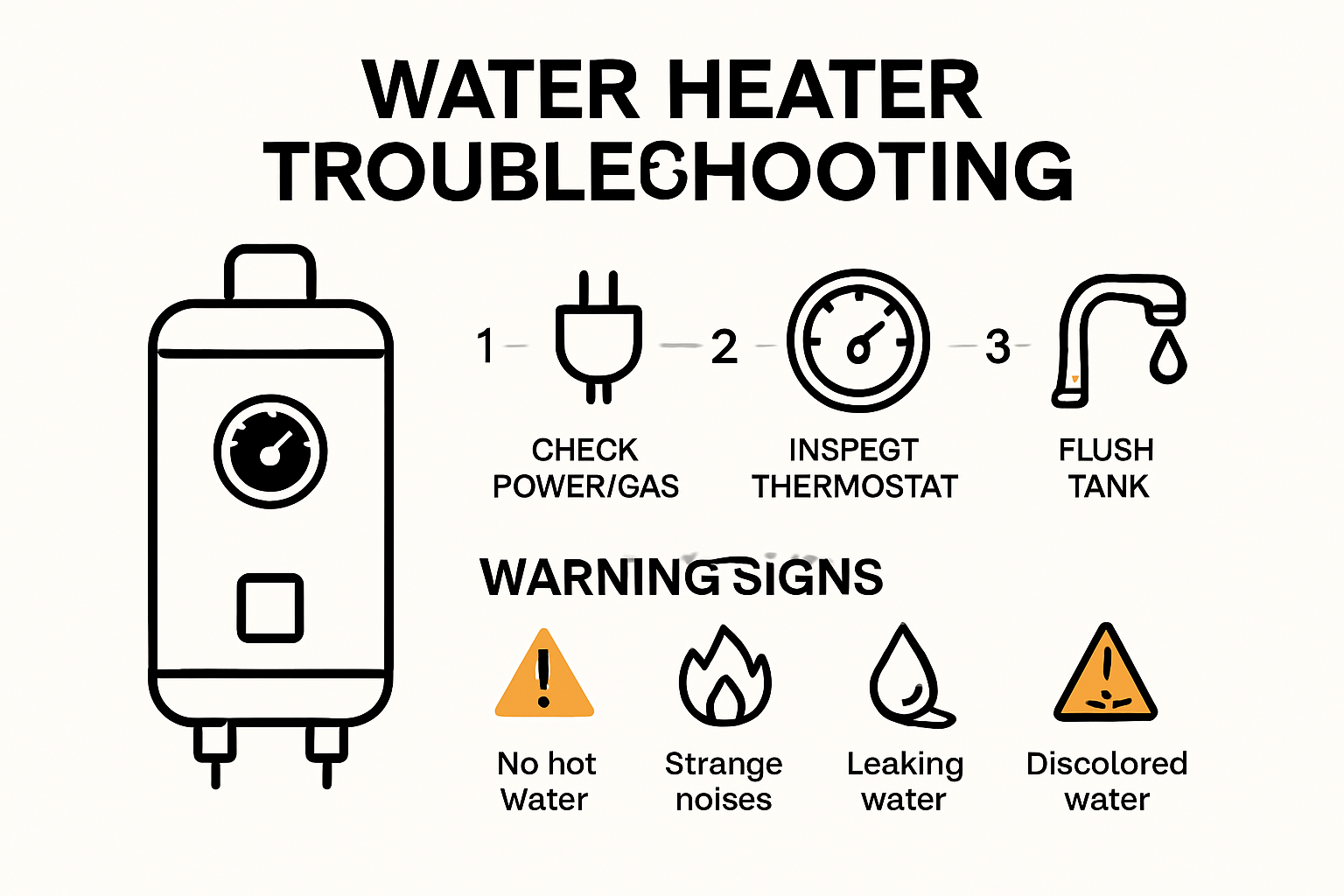 Infographic showing water heater troubleshooting steps and warning signs