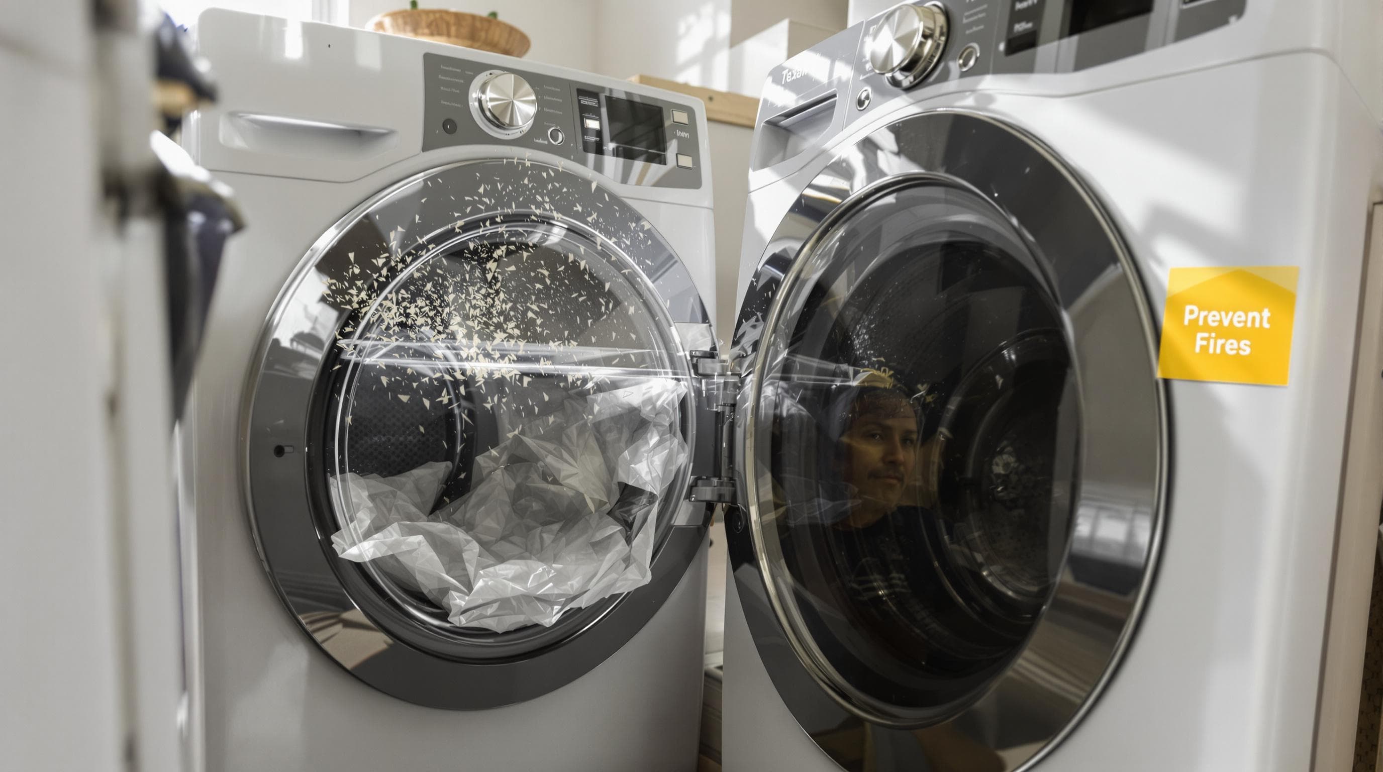 Homeowner inspecting dryer lint trap in sunny Texas laundry room for fire safety