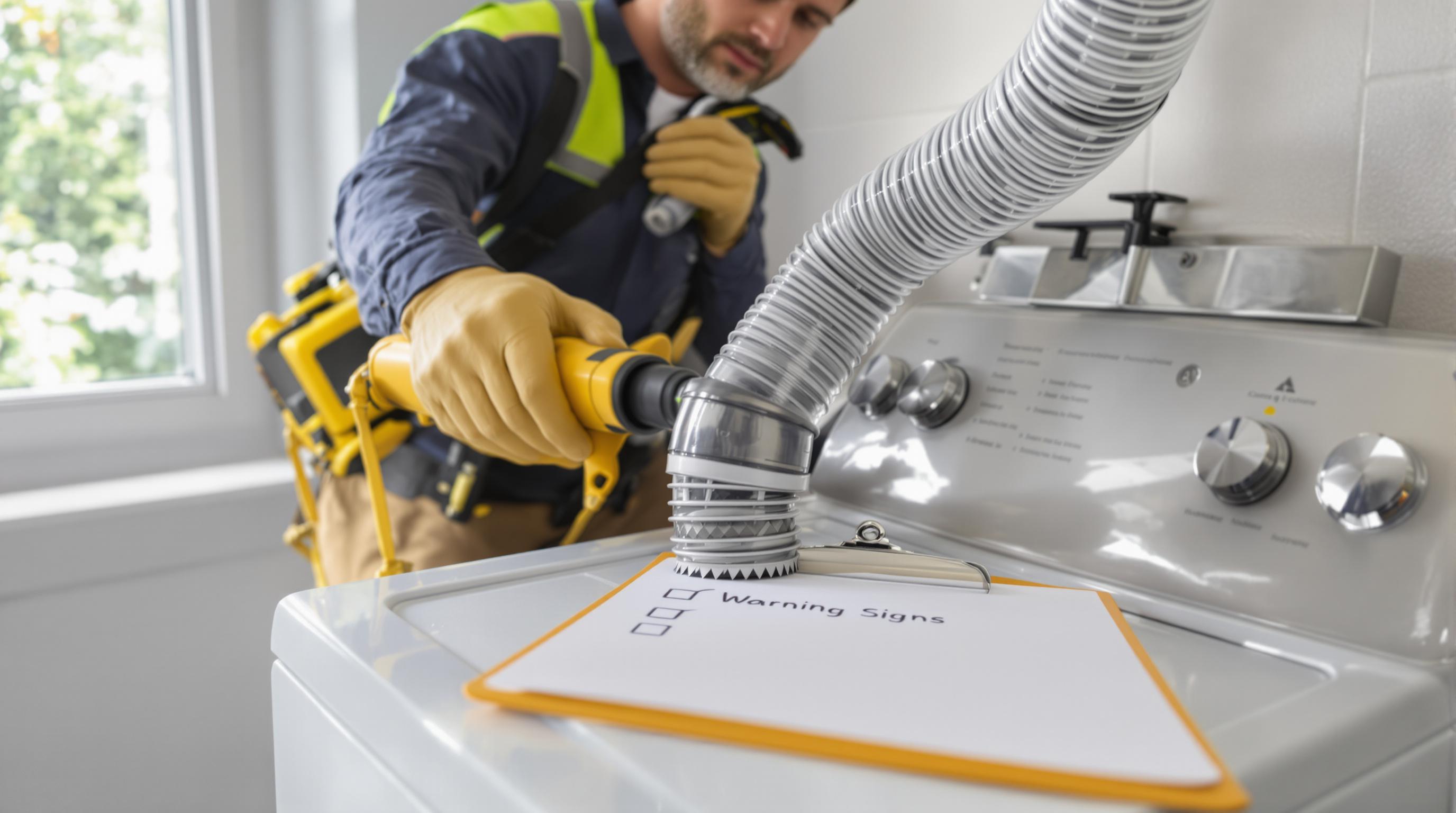 Technician cleaning clogged dryer vent with warning signs checklist visible