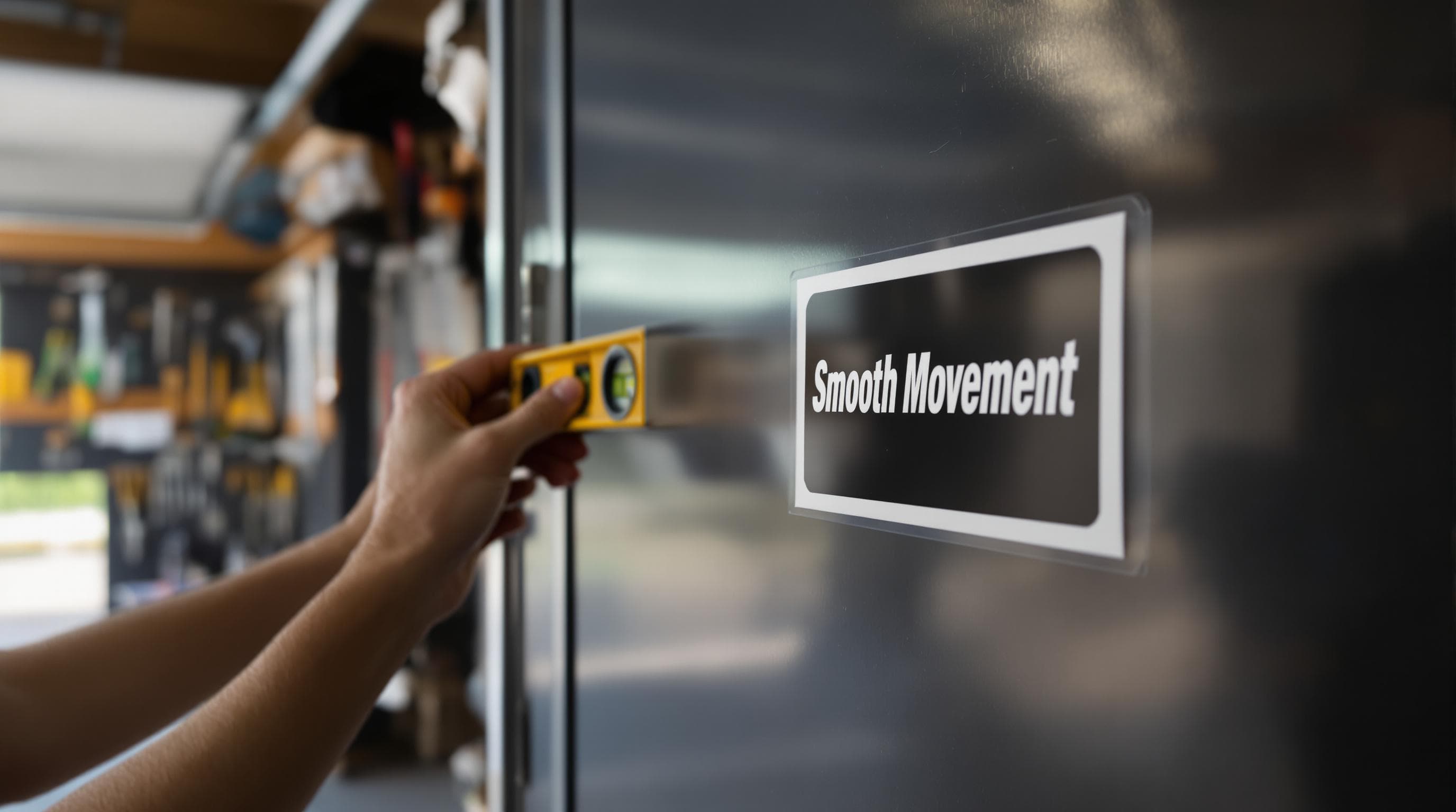 Close-up of garage door track alignment with level and Smooth Movement text