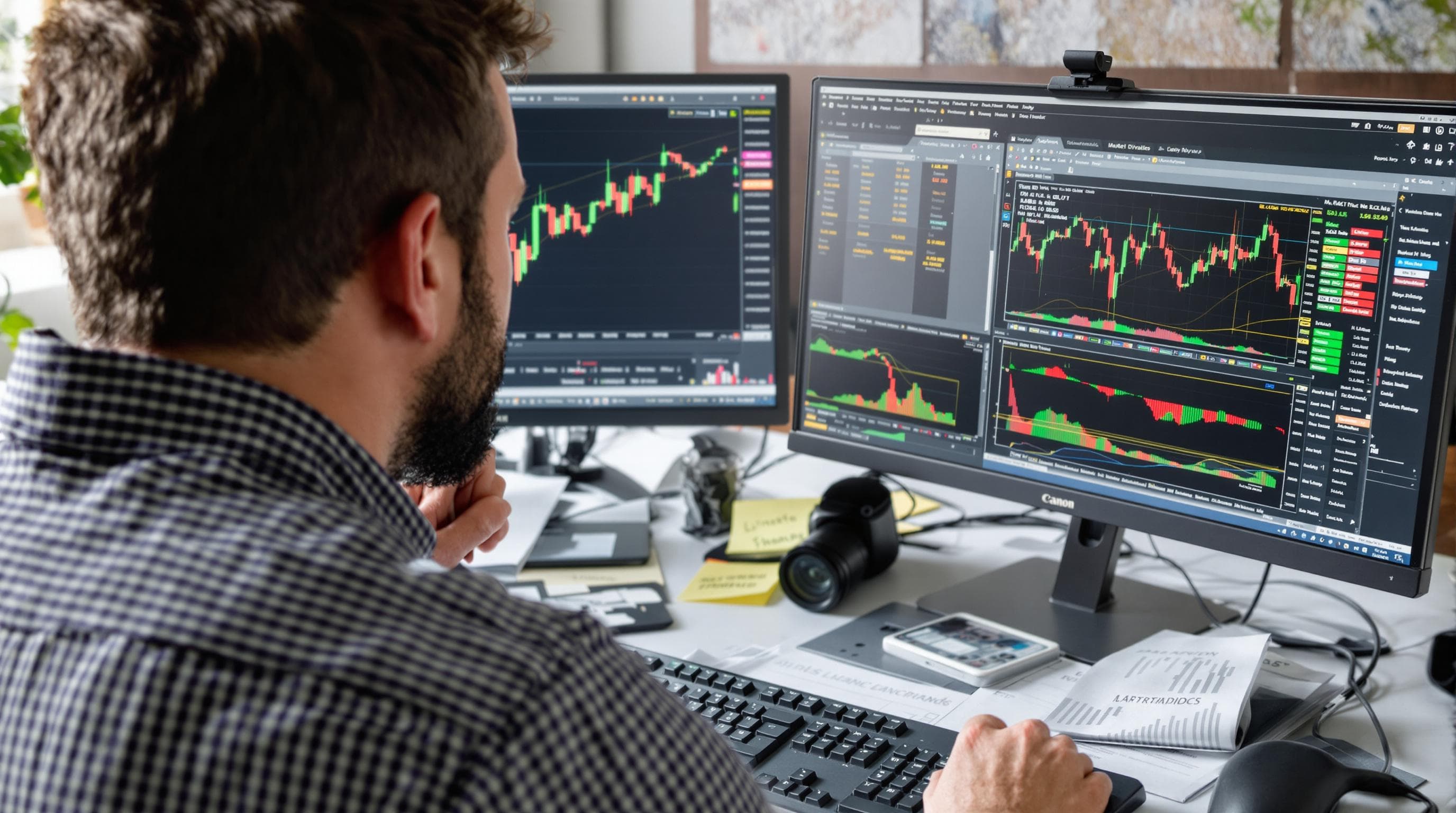 Trader analyzing gold price and technical graphs with market notes visible