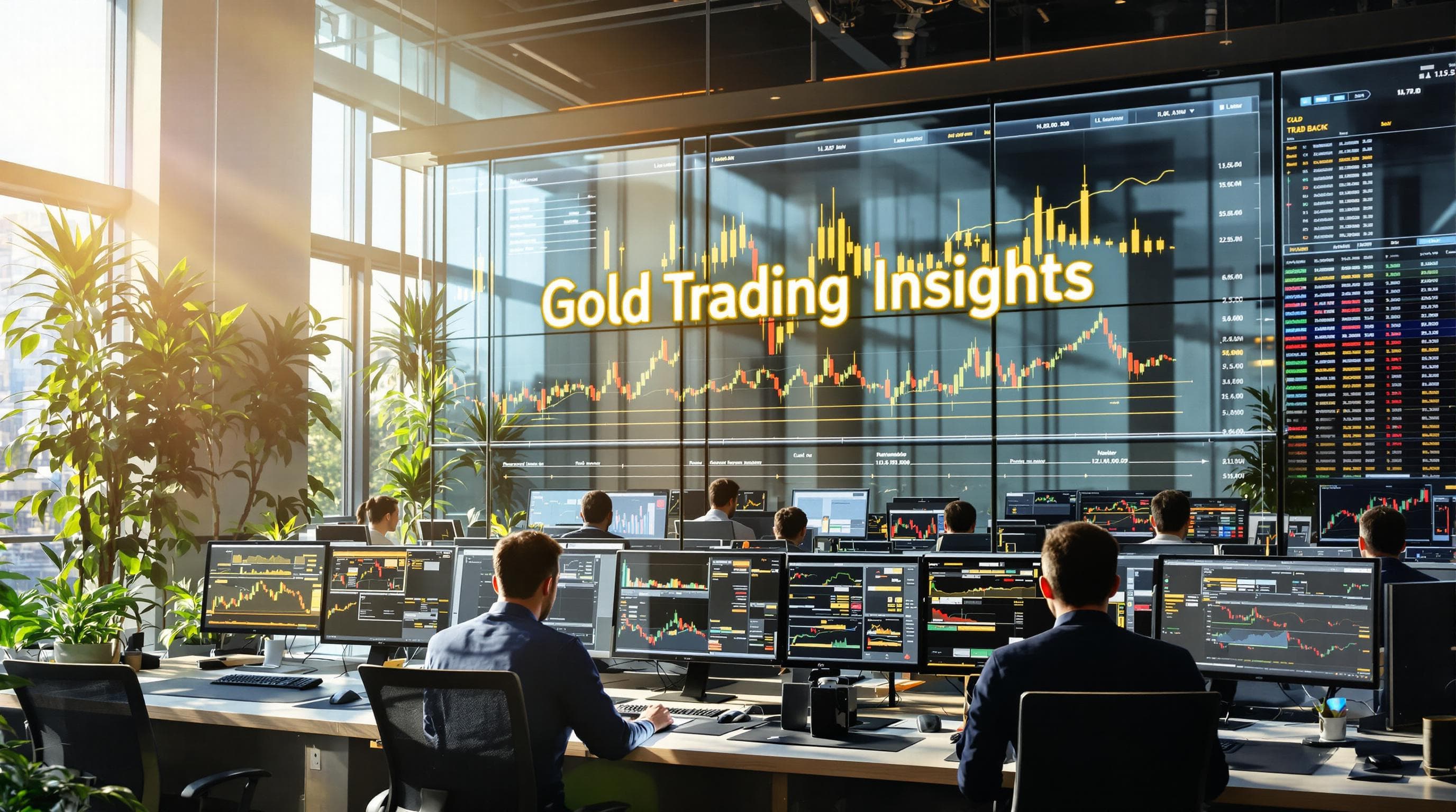 Professional traders analyzing gold price graphs in modern office environment