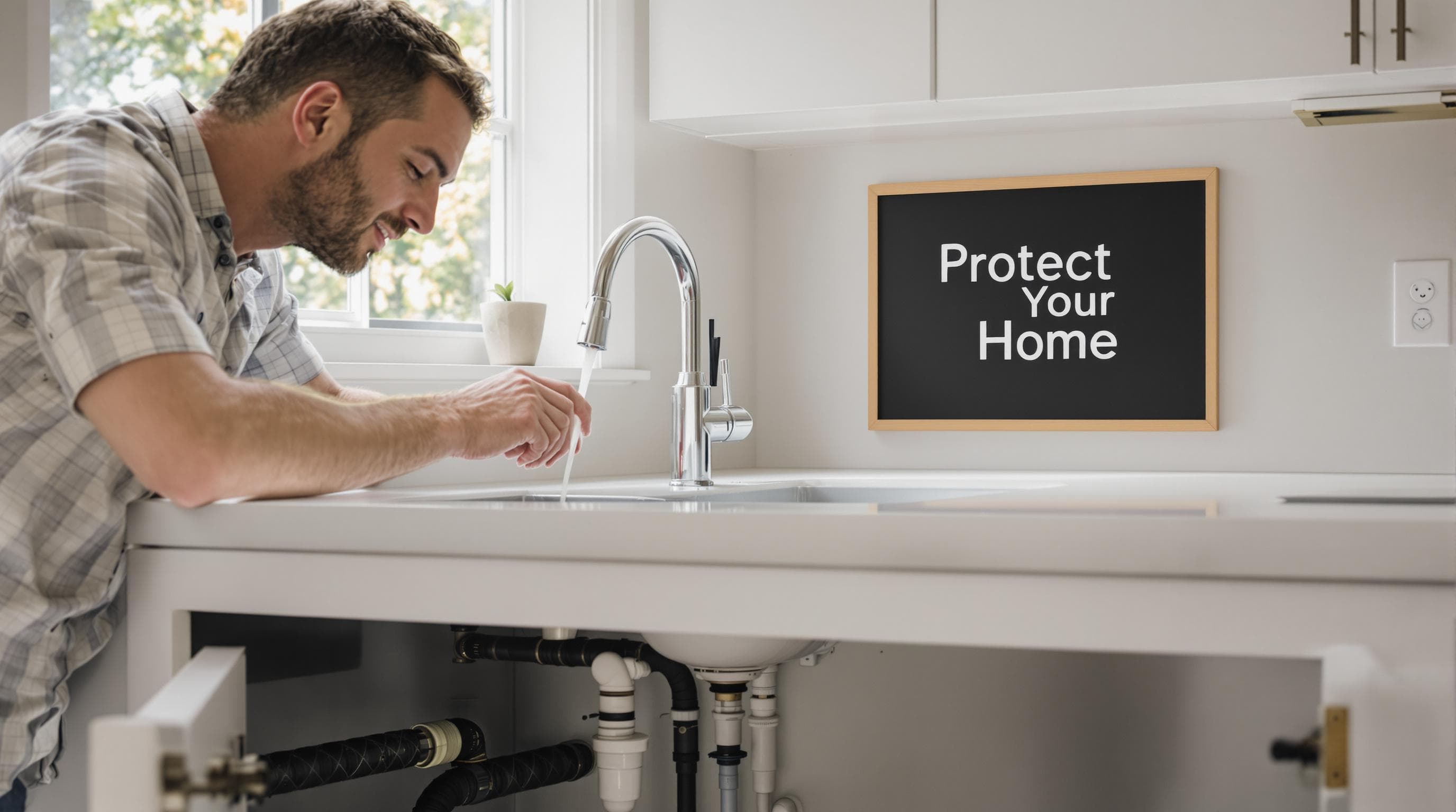 Homeowner examines kitchen drain and pipes with checklist visible