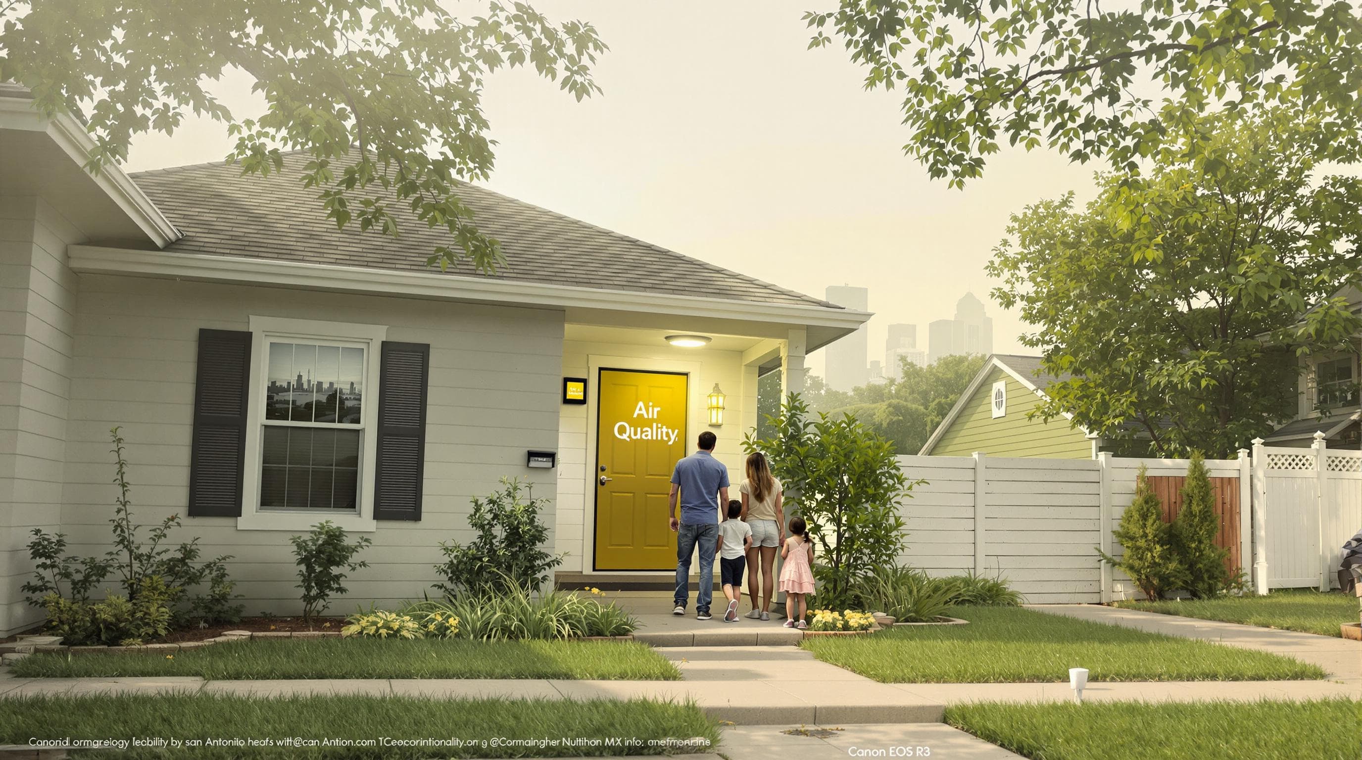 San Antonio family on porch with visible haze and air quality alert