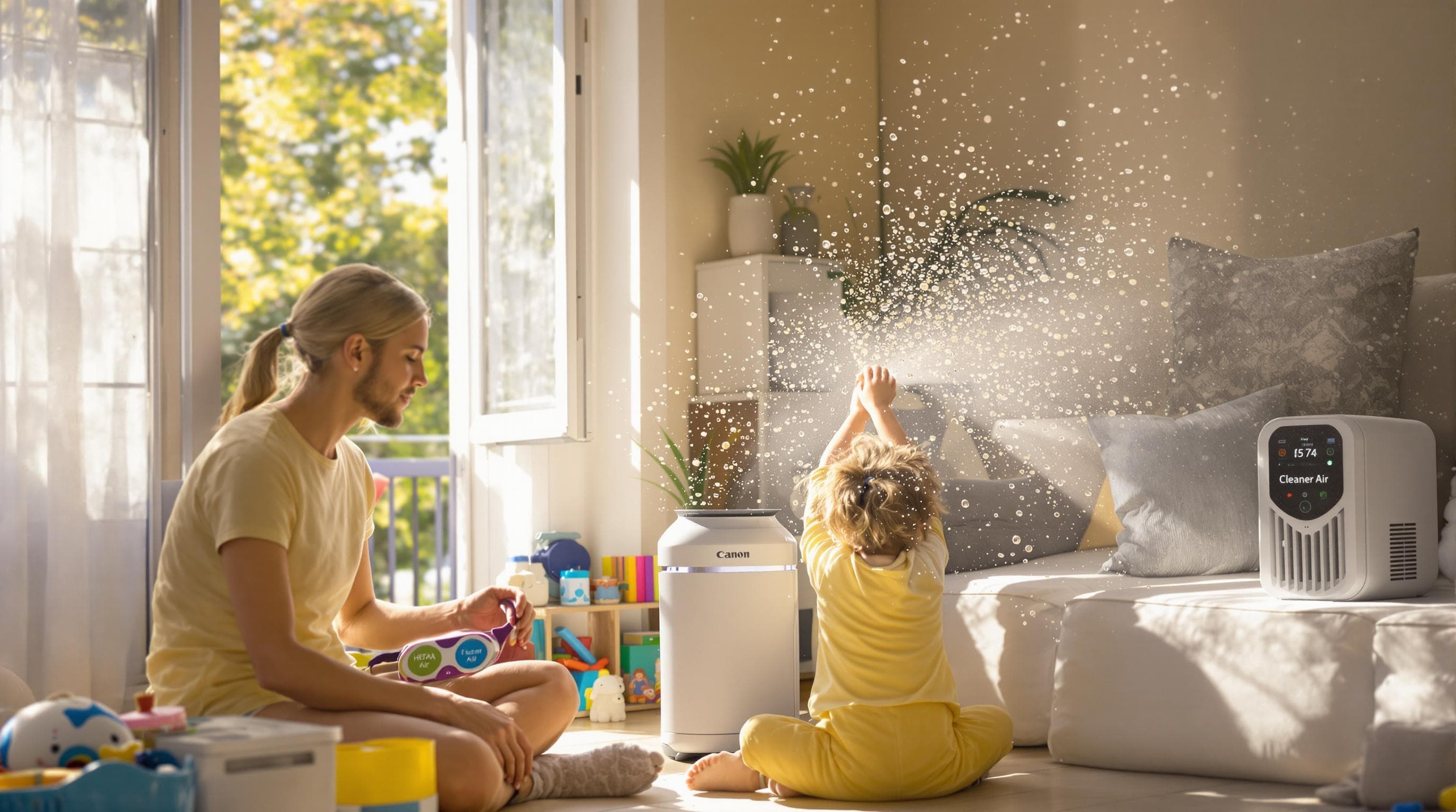 Parent and child changing air purifier filter in bright Texas living room