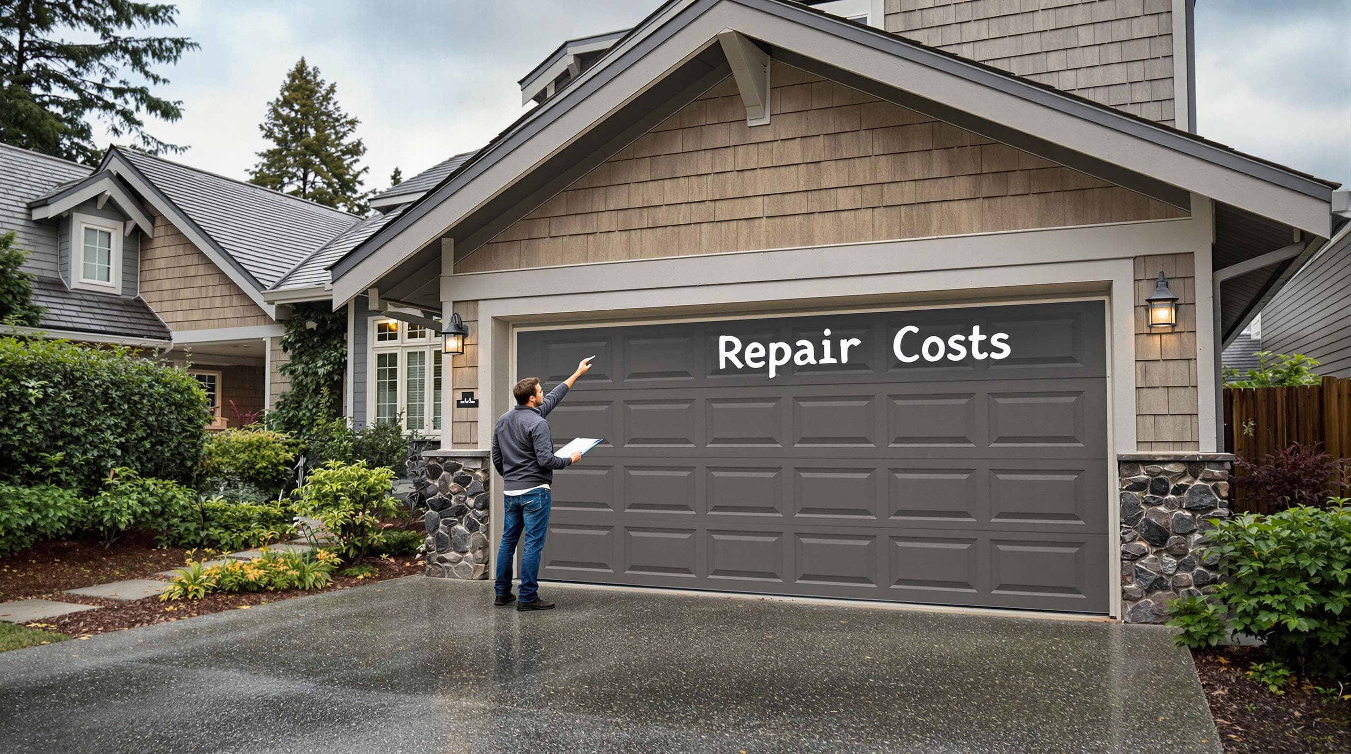 Seattle homeowner inspecting garage door for repairs