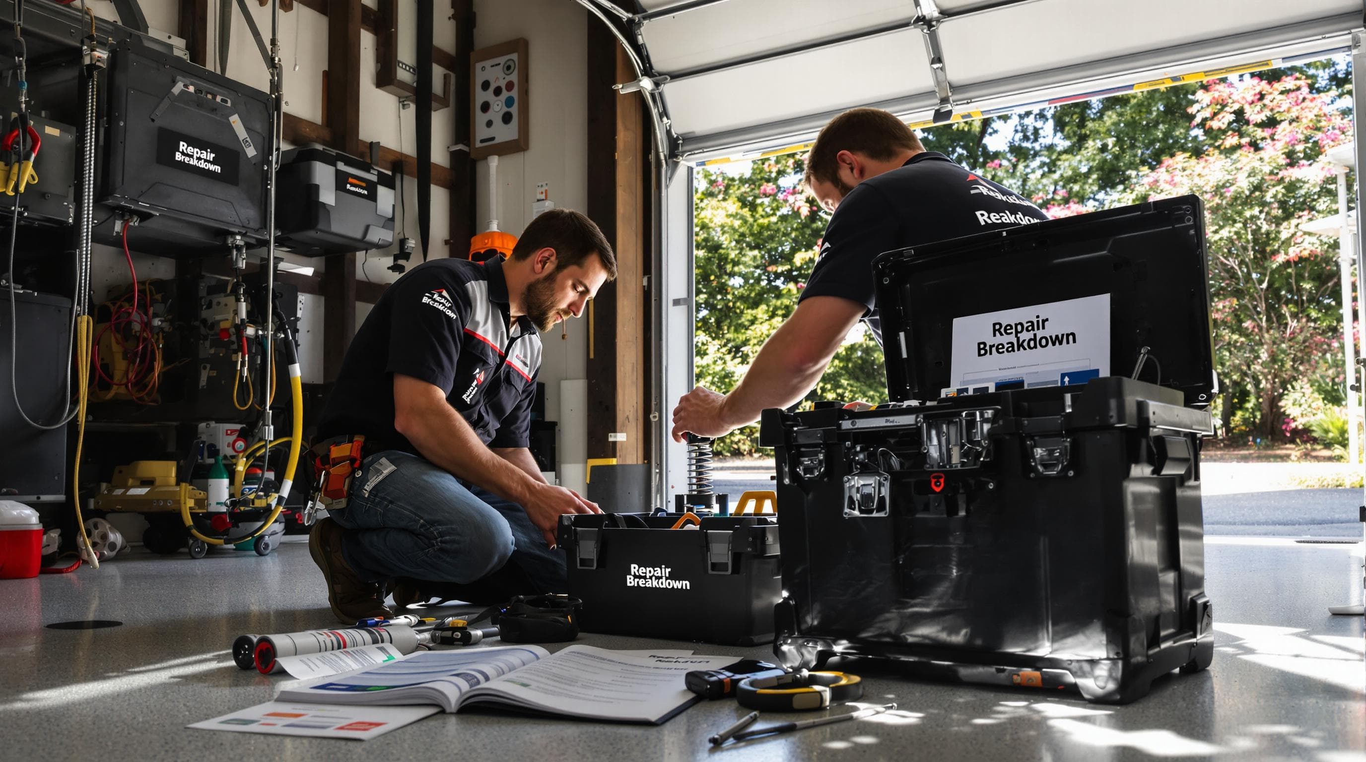 Technician replacing garage door spring with repair documents and tools