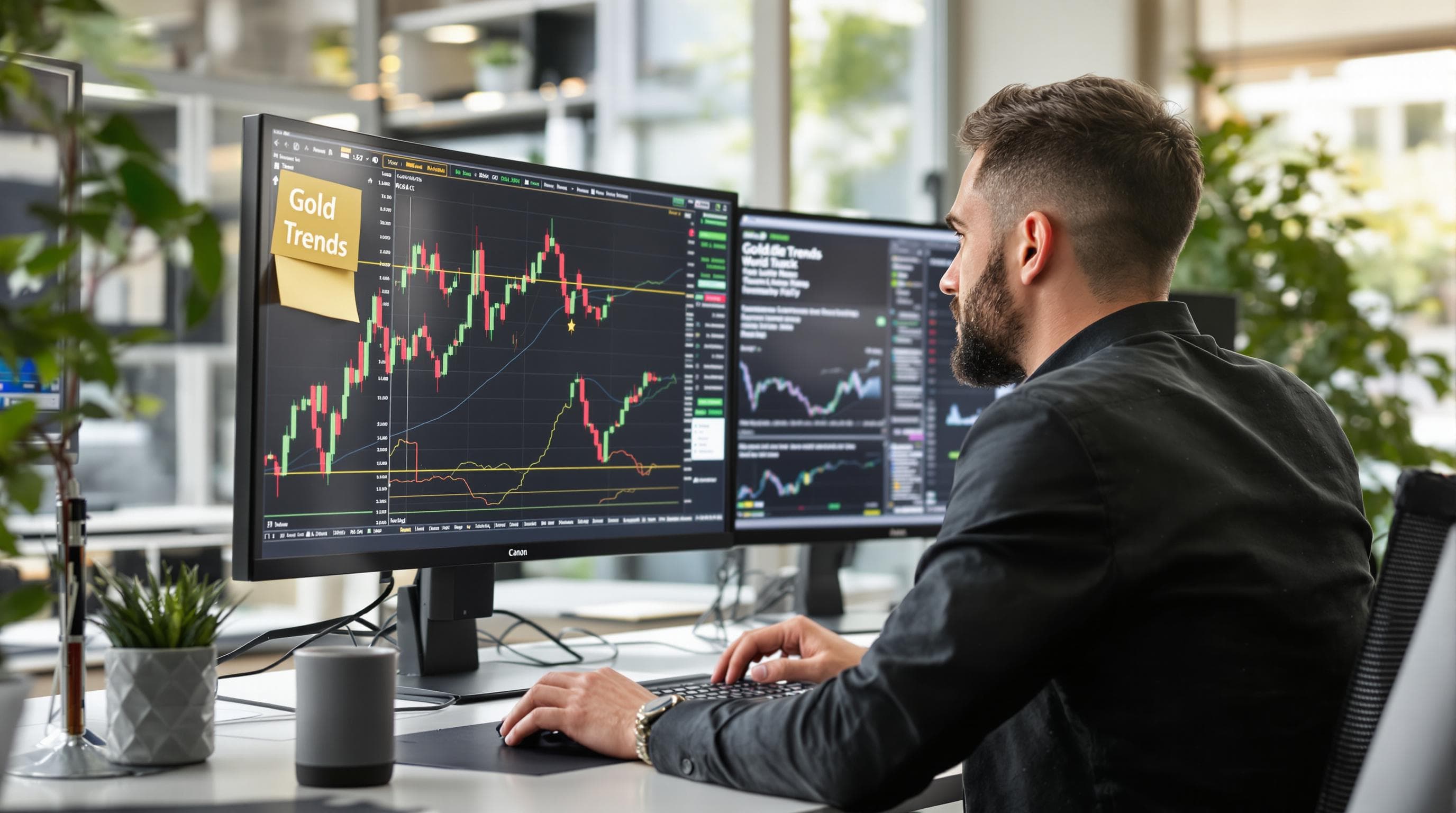 Analyst reviews gold price charts and news, 'Gold Trends' on sticky note