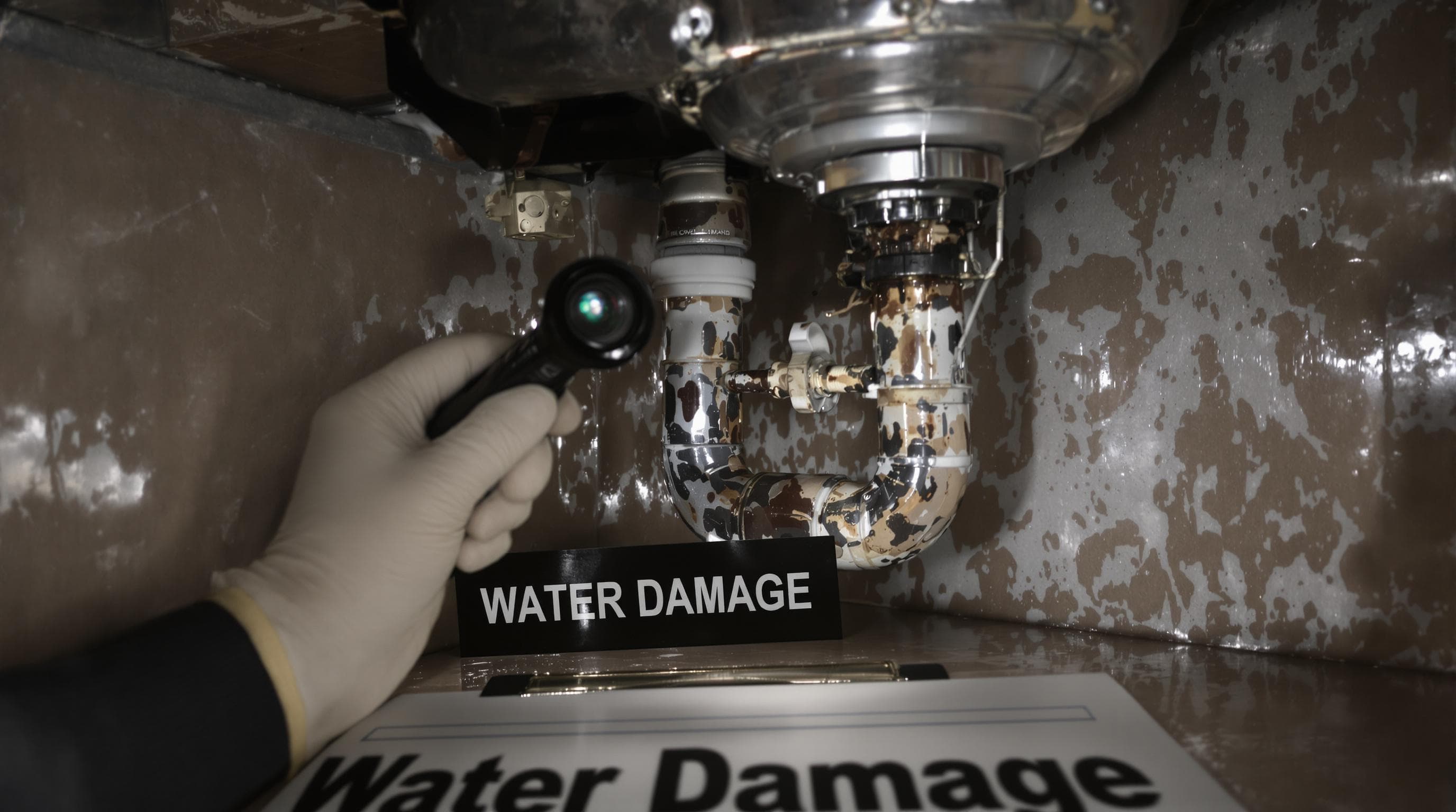 Plumber inspecting corroded pipes labeled 'Water Damage' under sink