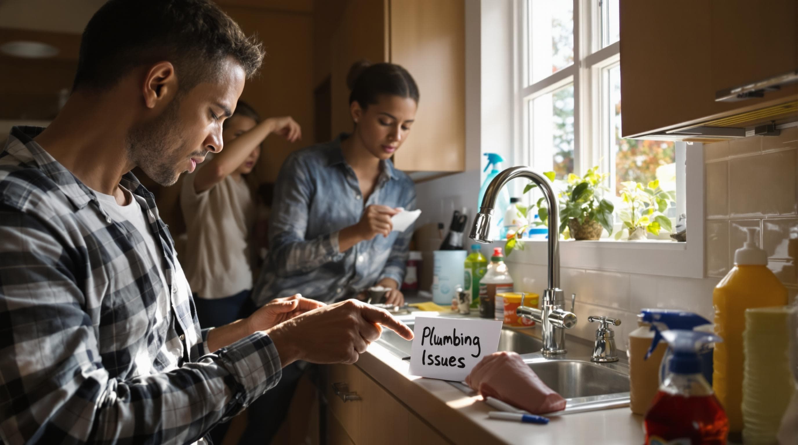 Family in kitchen noticing water leak, notepad reads 'Plumbing Issues'