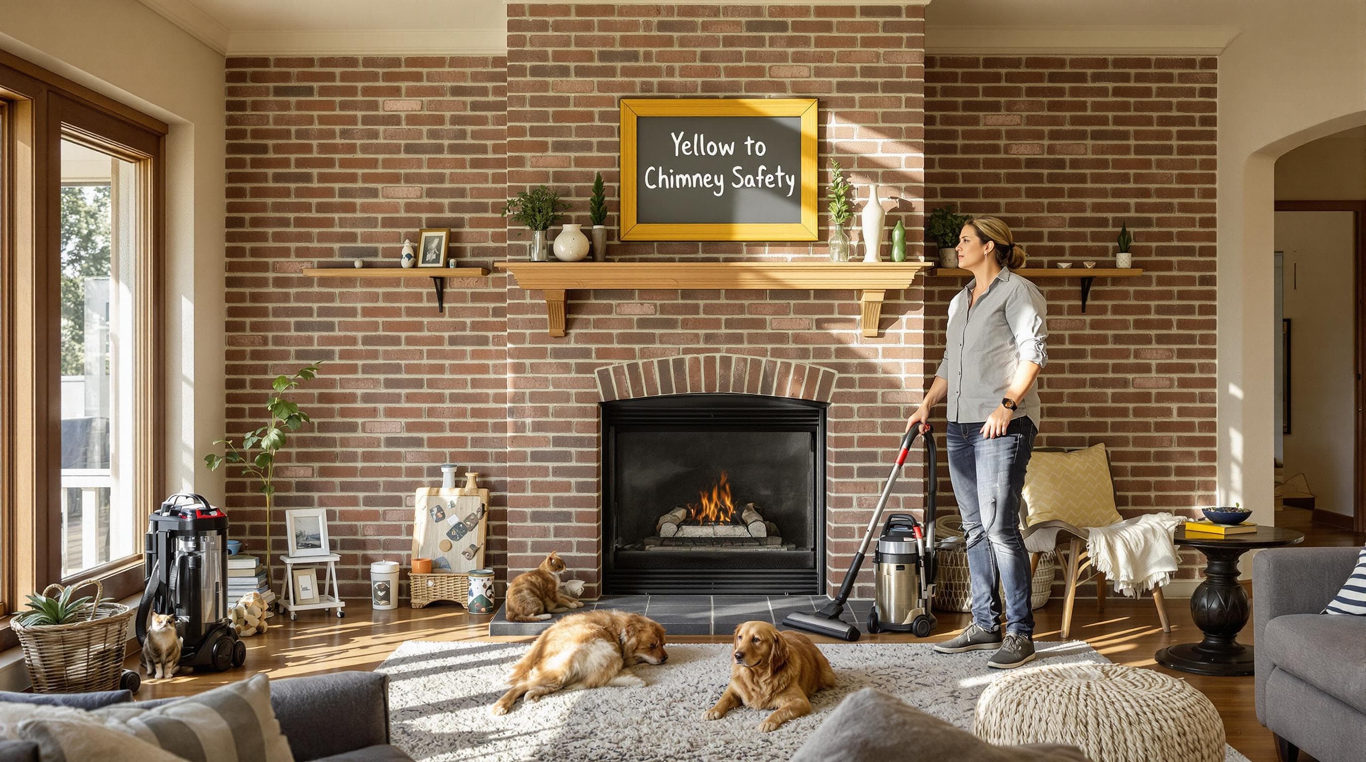 Texas living room with pets near fireplace and chimney safety sign