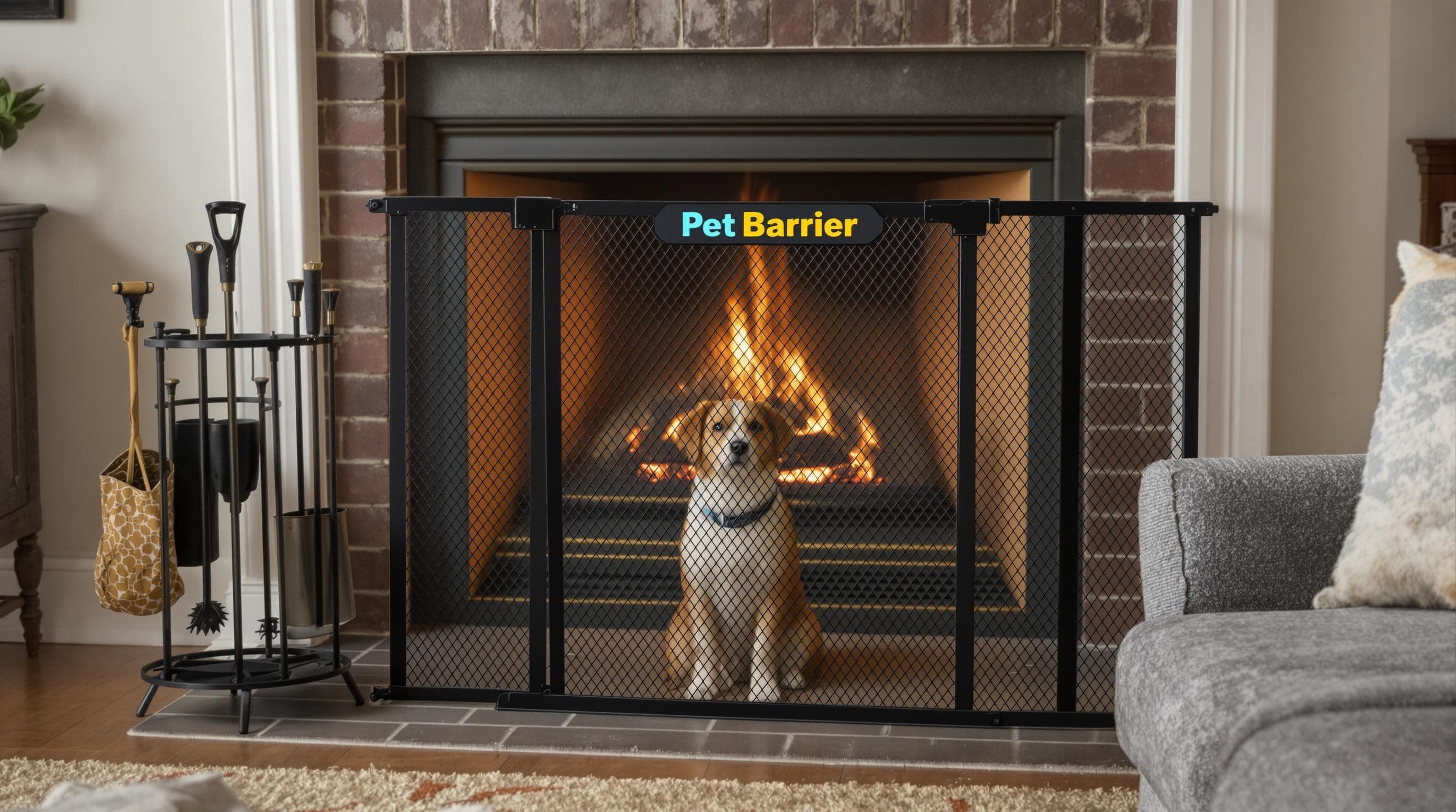 Dog and cat safely separated from fireplace by pet barrier