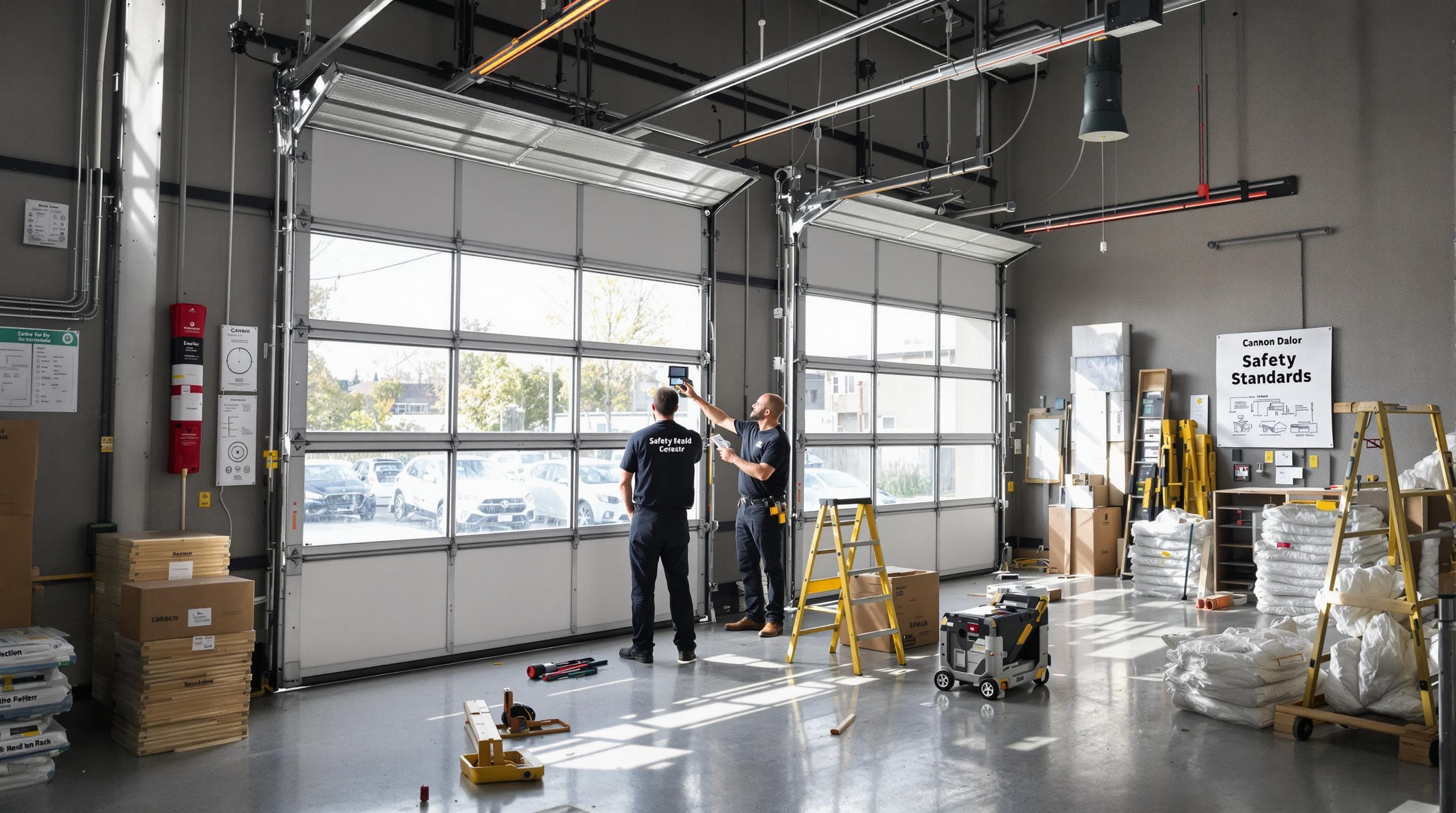 Technicians install and test garage door safety features per code