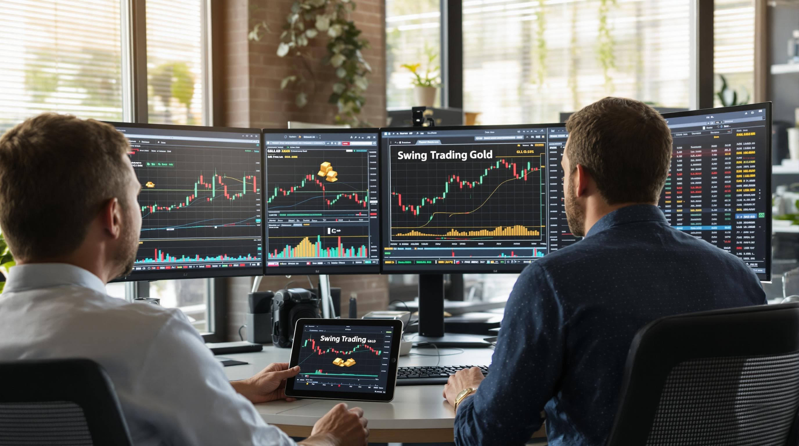 Modern financial office with traders analyzing gold swing charts, 'Swing Trading Gold' visible on screen