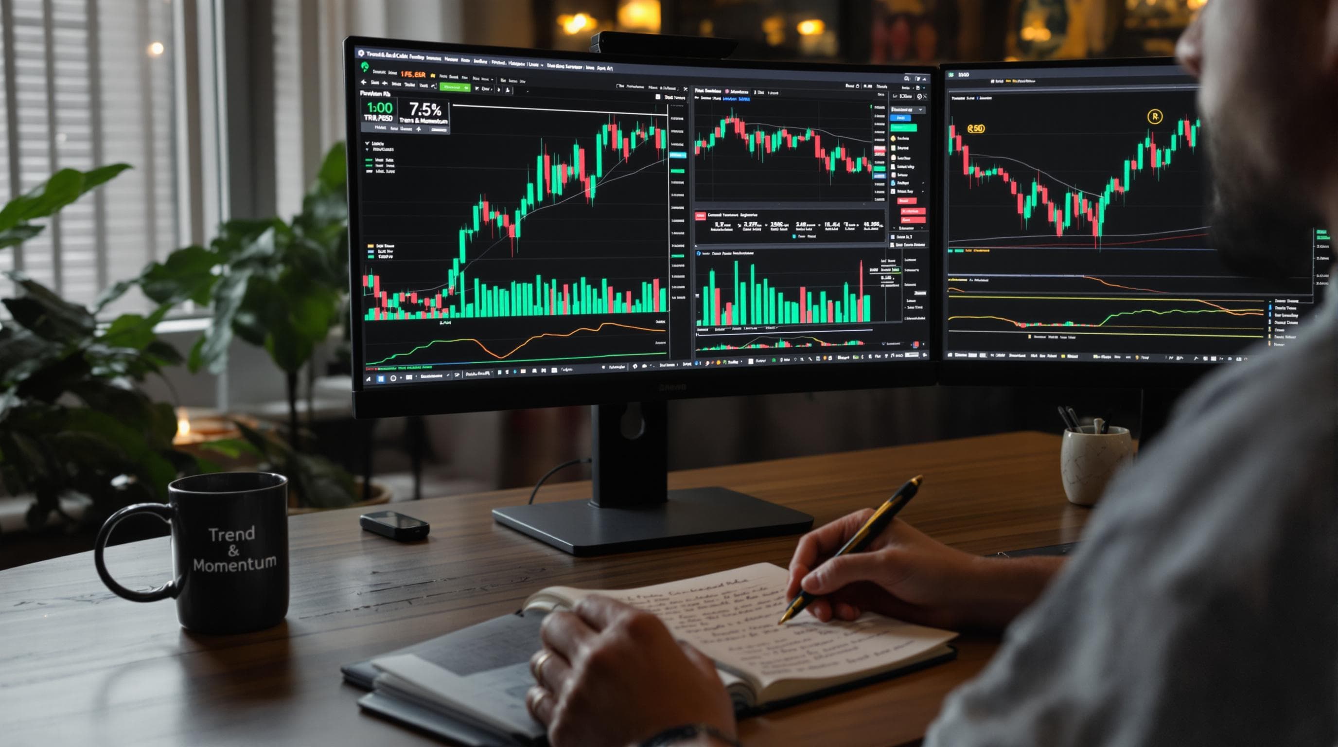 Home trader analyzing gold price trends with trend and momentum charts visible on monitors