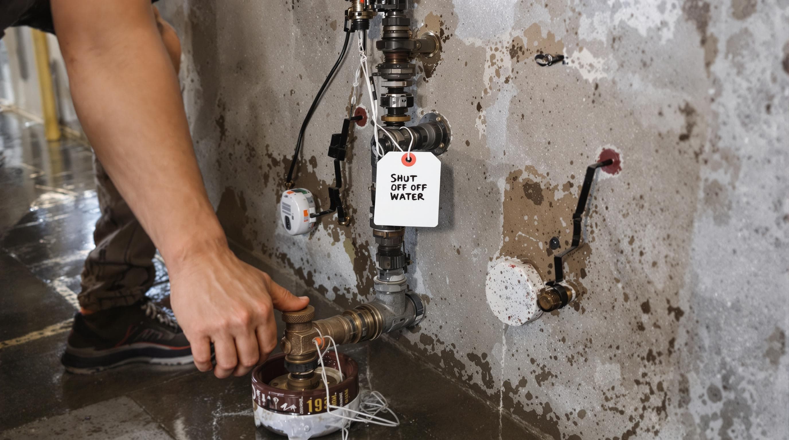 Homeowner turning basement water shut-off valve amid water leak