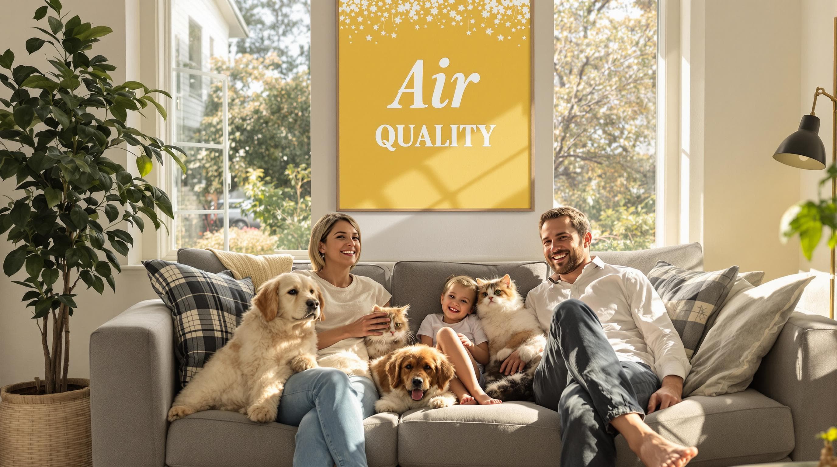 Texas family with dog and cat in a sunlit living room emphasizing healthy indoor air