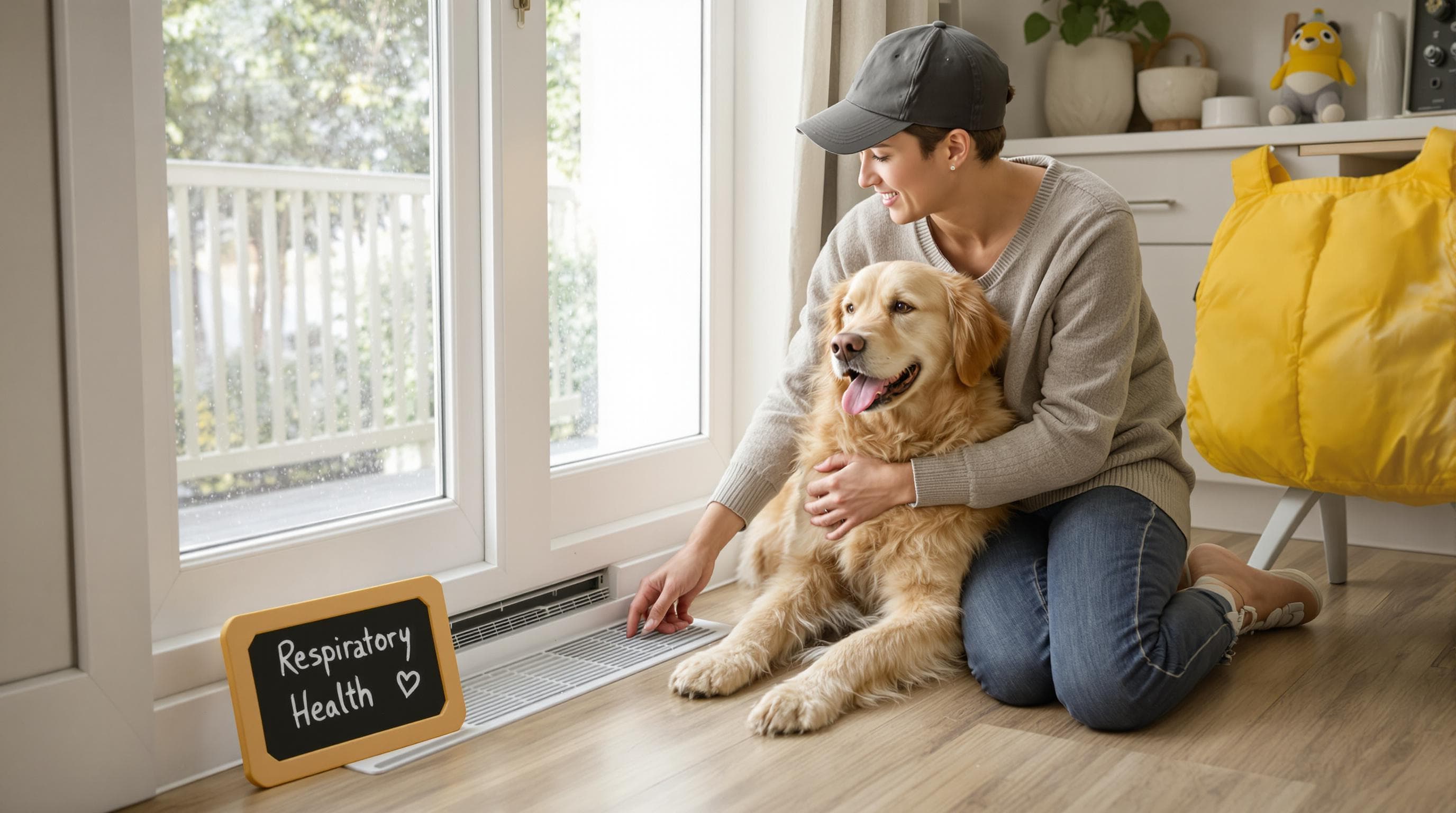 Parent replaces air filter while child pets dog near vent, highlighting family respiratory health