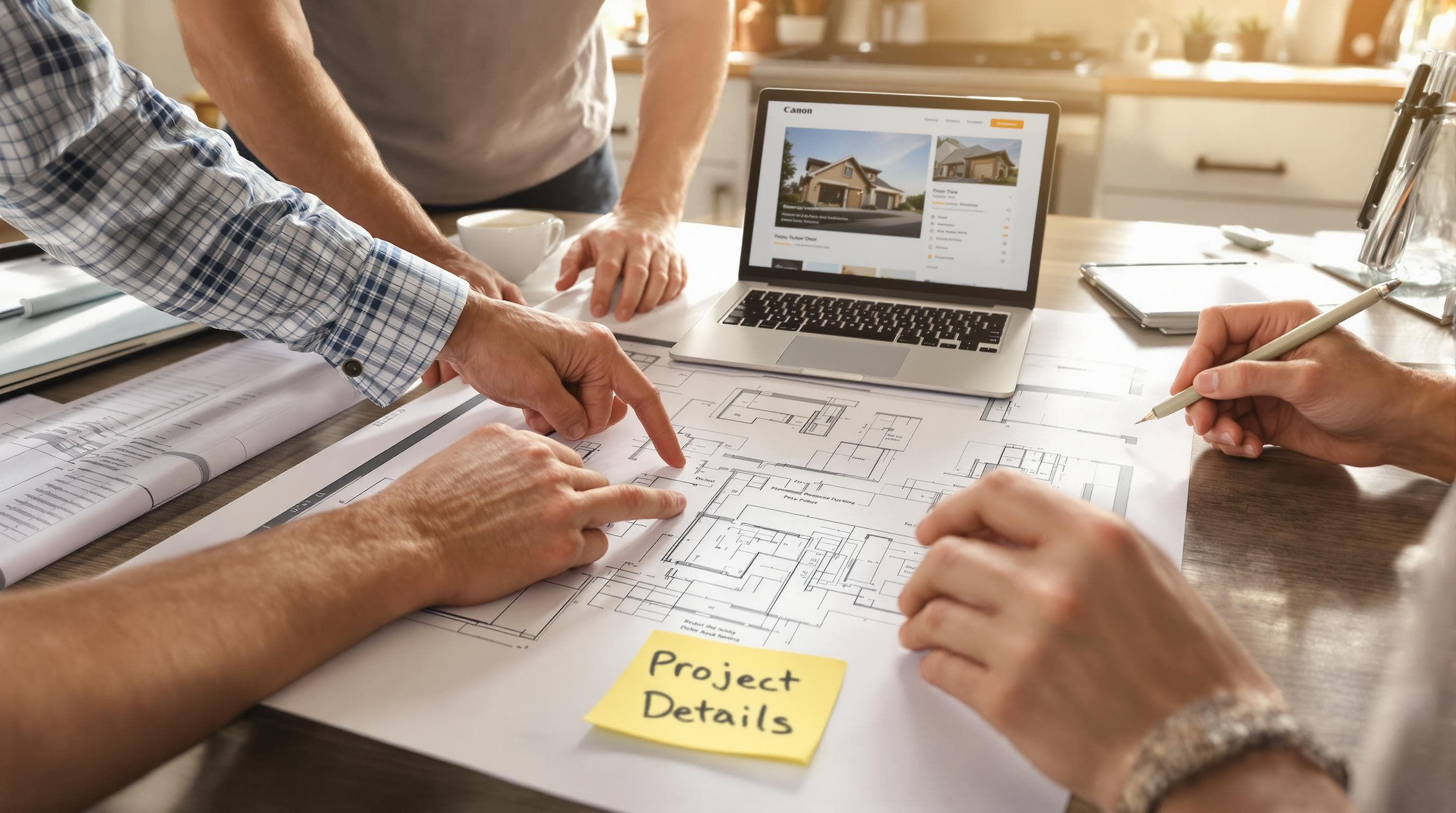 Homeowners and contractor reviewing garage project plans with documentation