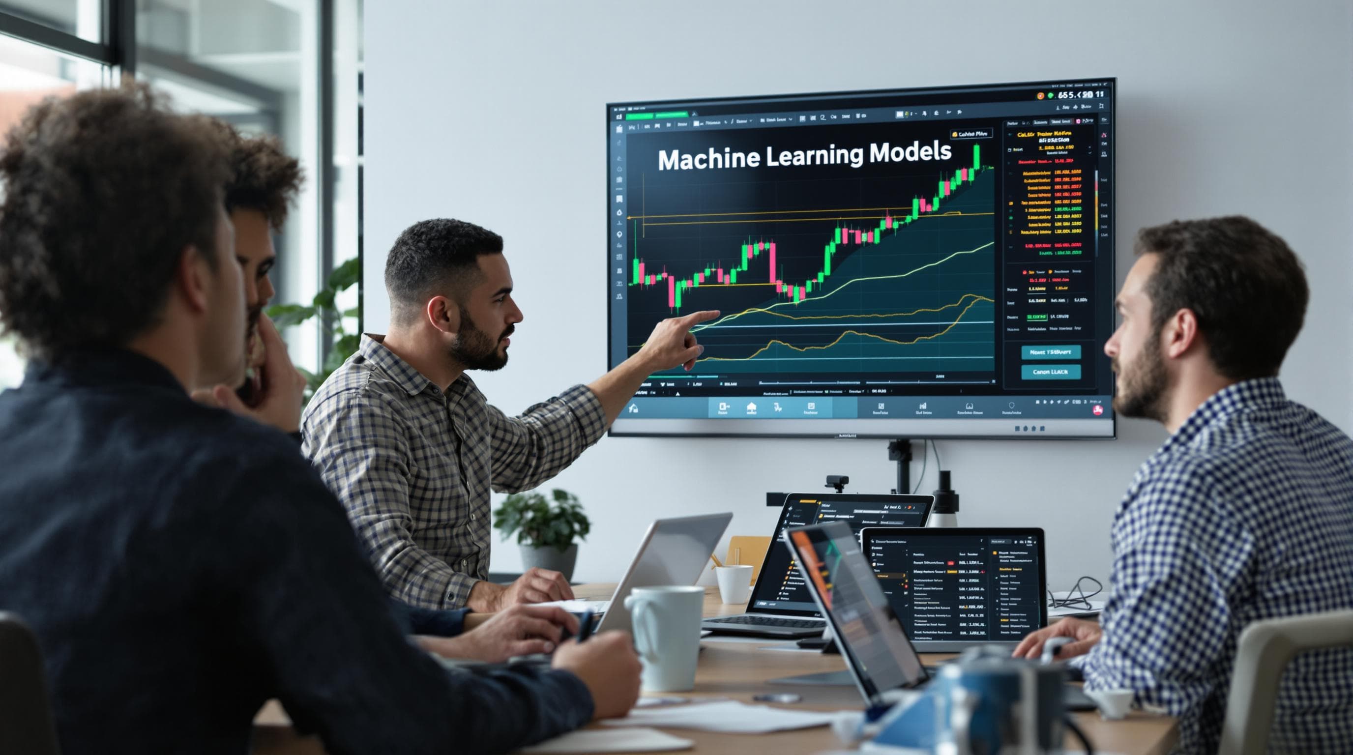 Office team analyzing gold price with machine learning models on screens