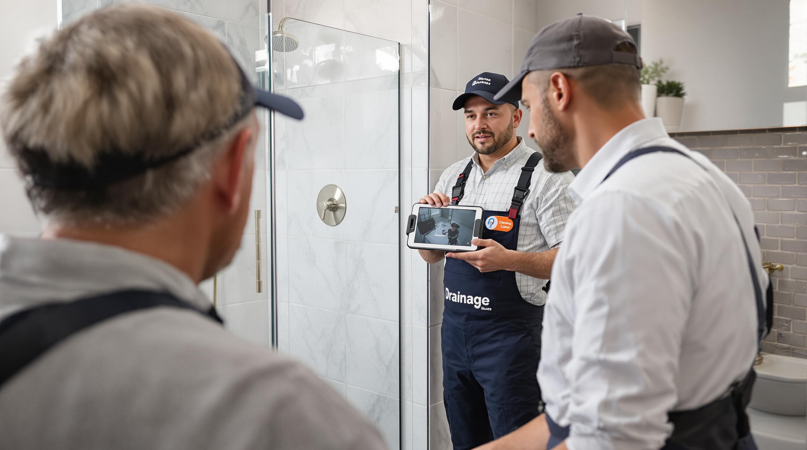 Plumber and homeowner watching drain inspection for drainage problems