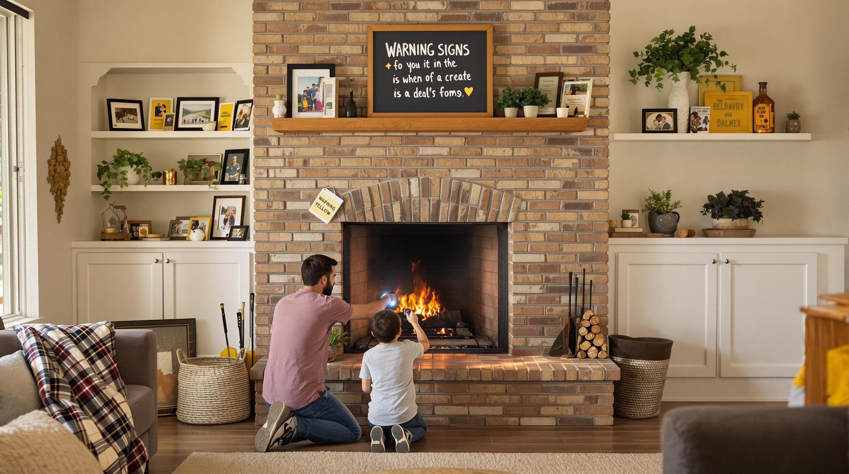 Family inspecting fireplace for soot and warning signs inside home