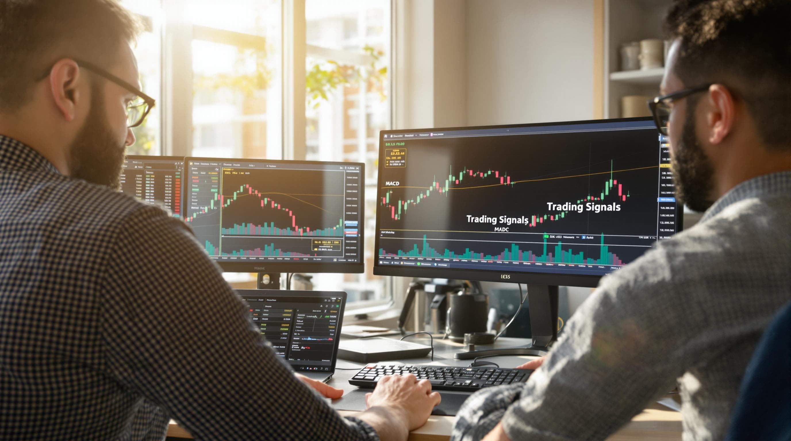 Two traders discuss gold charts with 'Trading Signals' shown on monitor