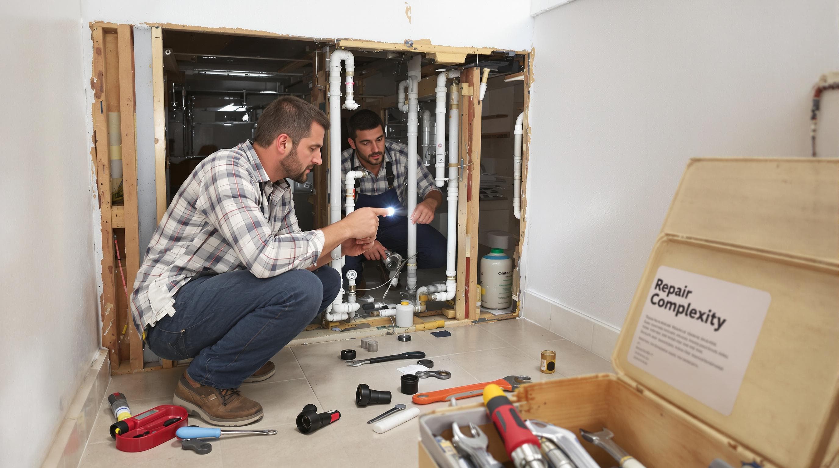 Plumbers accessing complex pipes behind bathroom wall panel