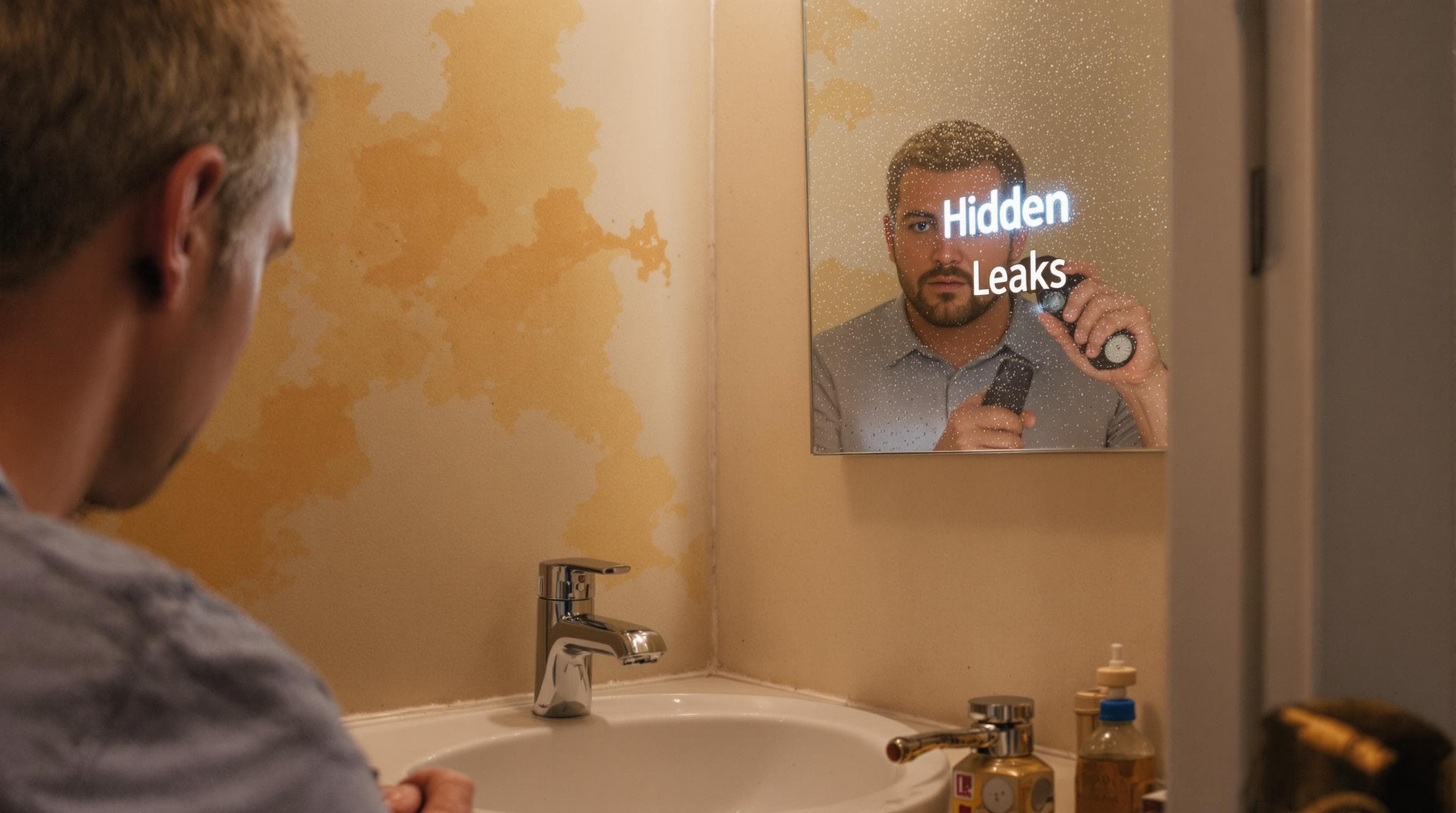 Homeowner checking for leaks in bathroom with water stains visible