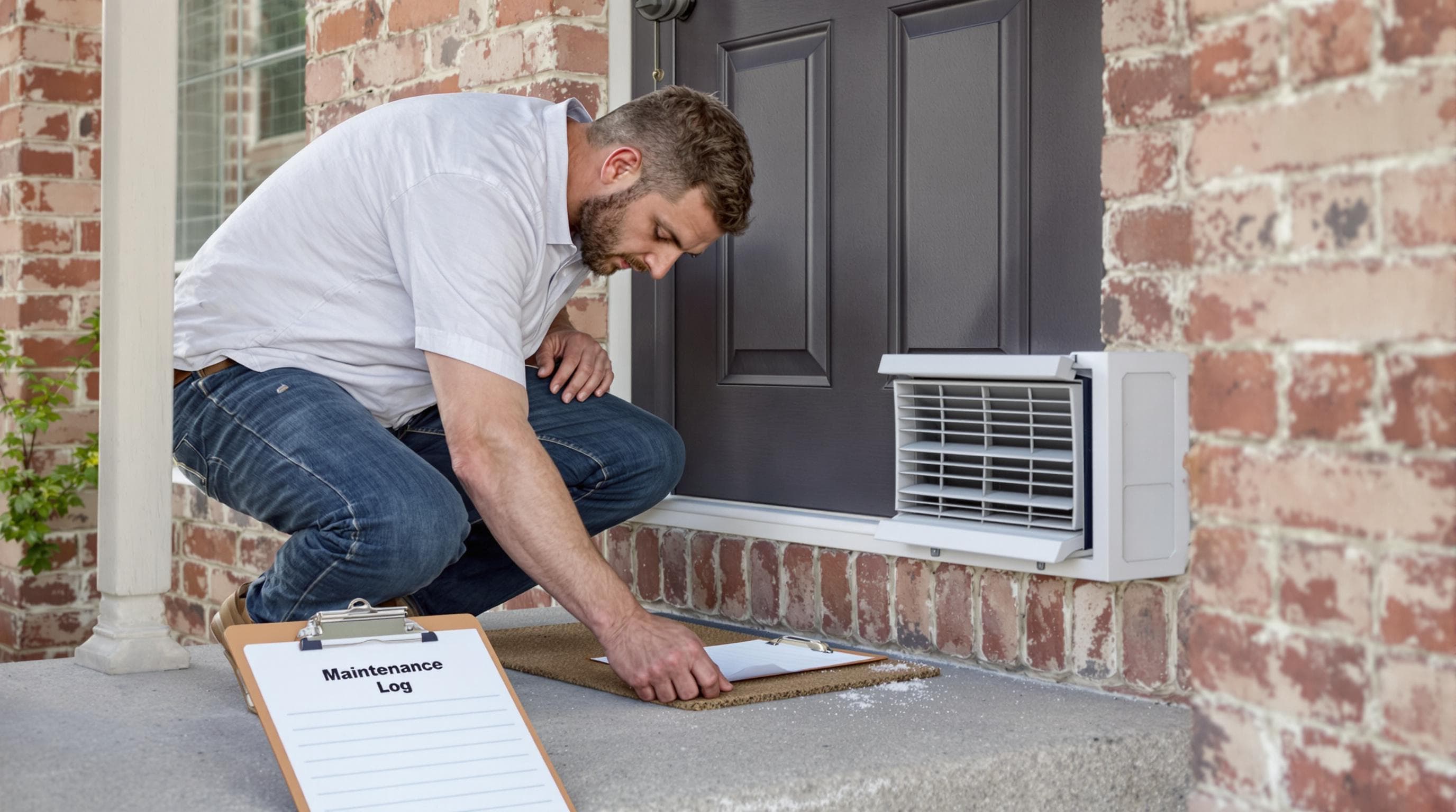 Renter inspects exterior dryer vent with maintenance log and lint visible