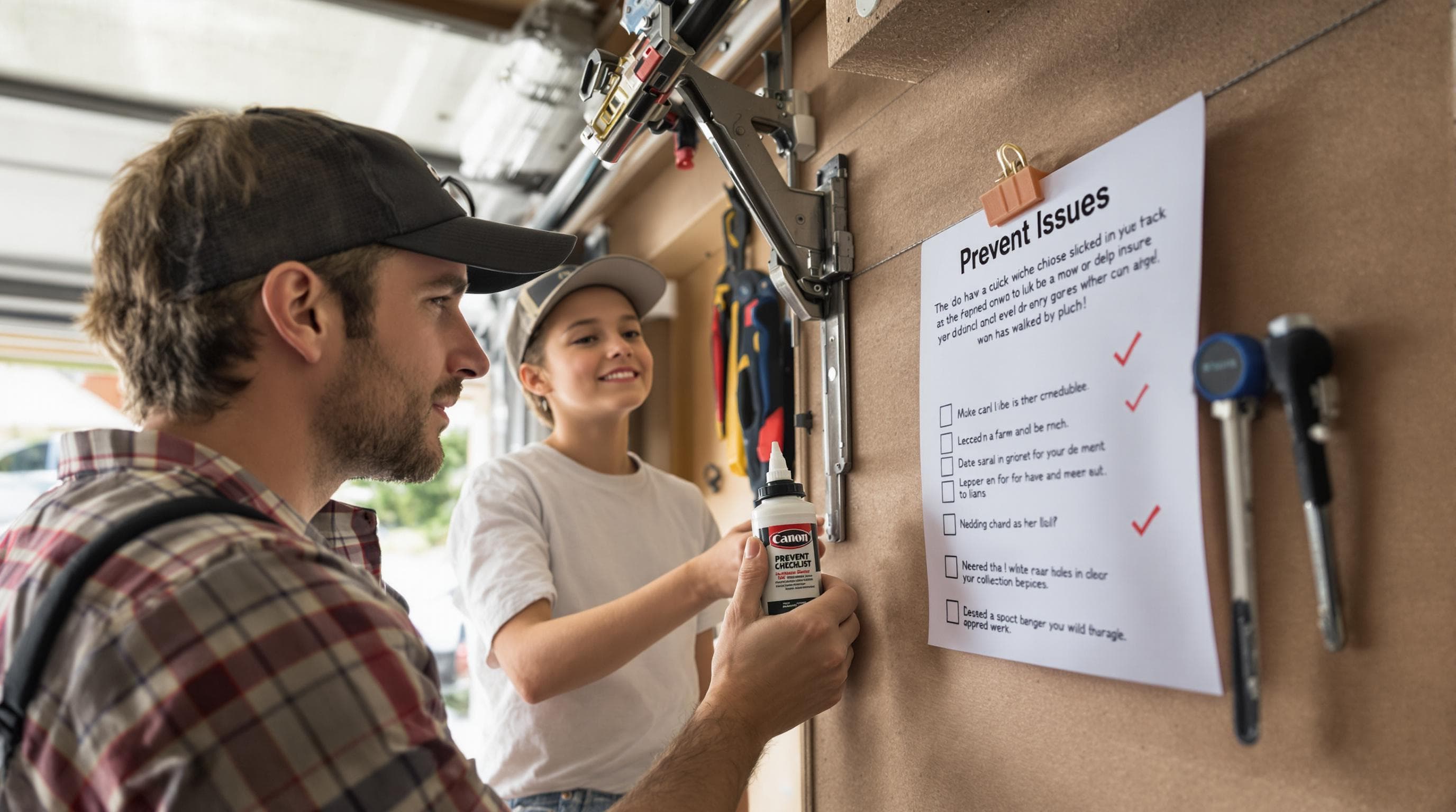 Family team works on garage door seasonal maintenance checklist