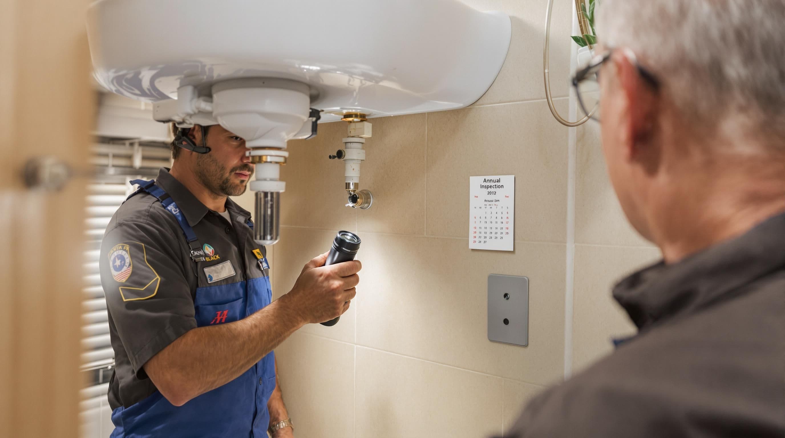 Plumber inspects bathroom pipes with 'Annual Inspection' card on wall