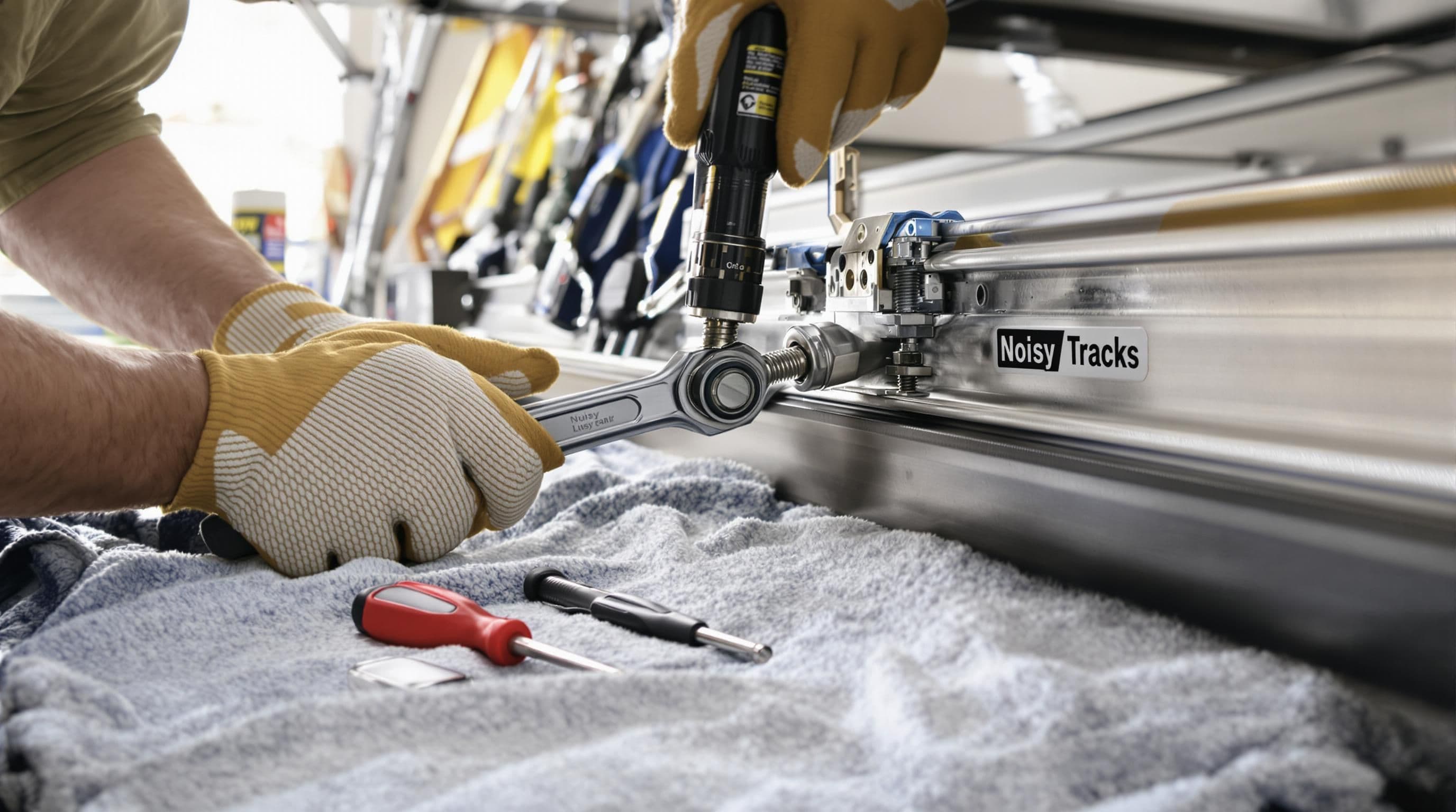 Homeowner repairing noisy misaligned garage door tracks