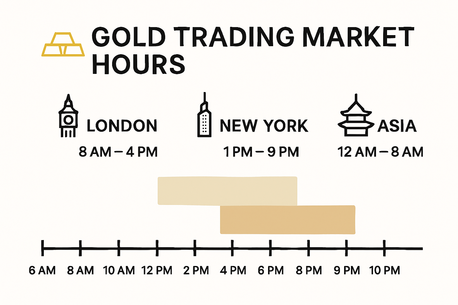 Infographic of global gold market trading hours and session overlaps.