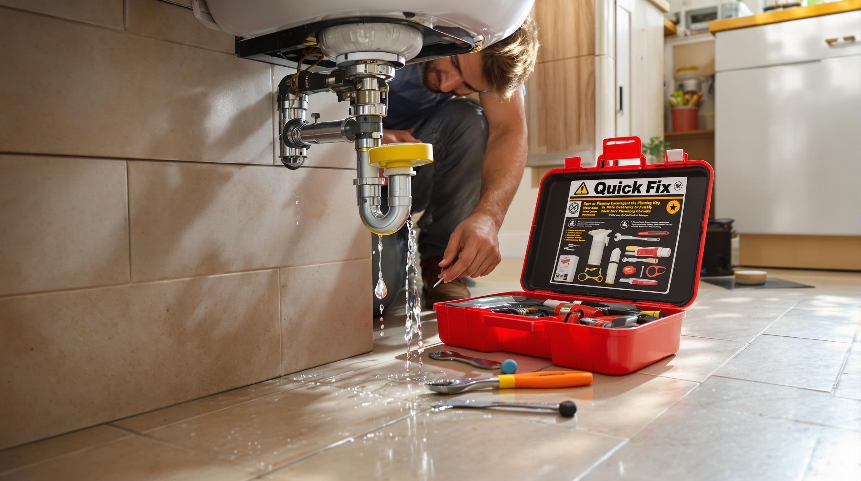 Homeowner applying emergency tape to leaking sink pipe using plumbing kit